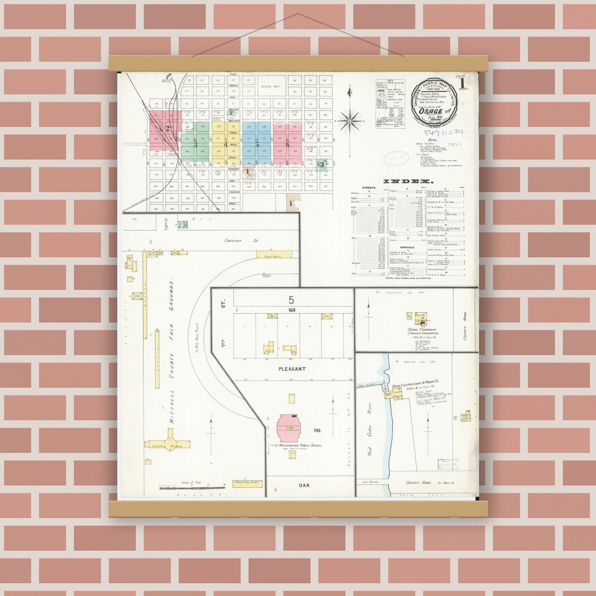 Old map wall art mockup — magnetic wood frame on brick wall — Sanborn Fire Insurance Map from Osage, Mitchell County, Iowa (1897) â€” Complete Set