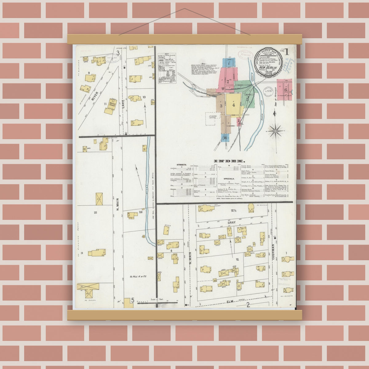 Old map wall art mockup — magnetic wood frame on brick wall — Sanborn Fire Insurance Map from New Berlin, Chenango County, New York (1899) - Complete Map Set
