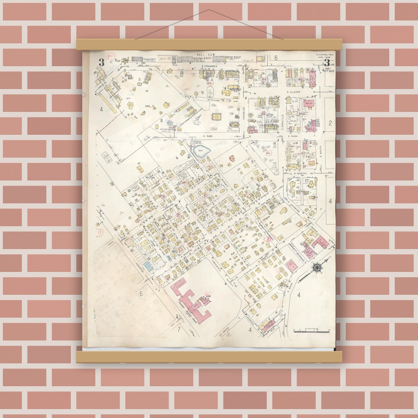 Old map wall art mockup — magnetic wood frame on brick wall — Sanborn Fire Insurance Map from Kilgore, Gregg County, Texas (1950), Sheet #0003