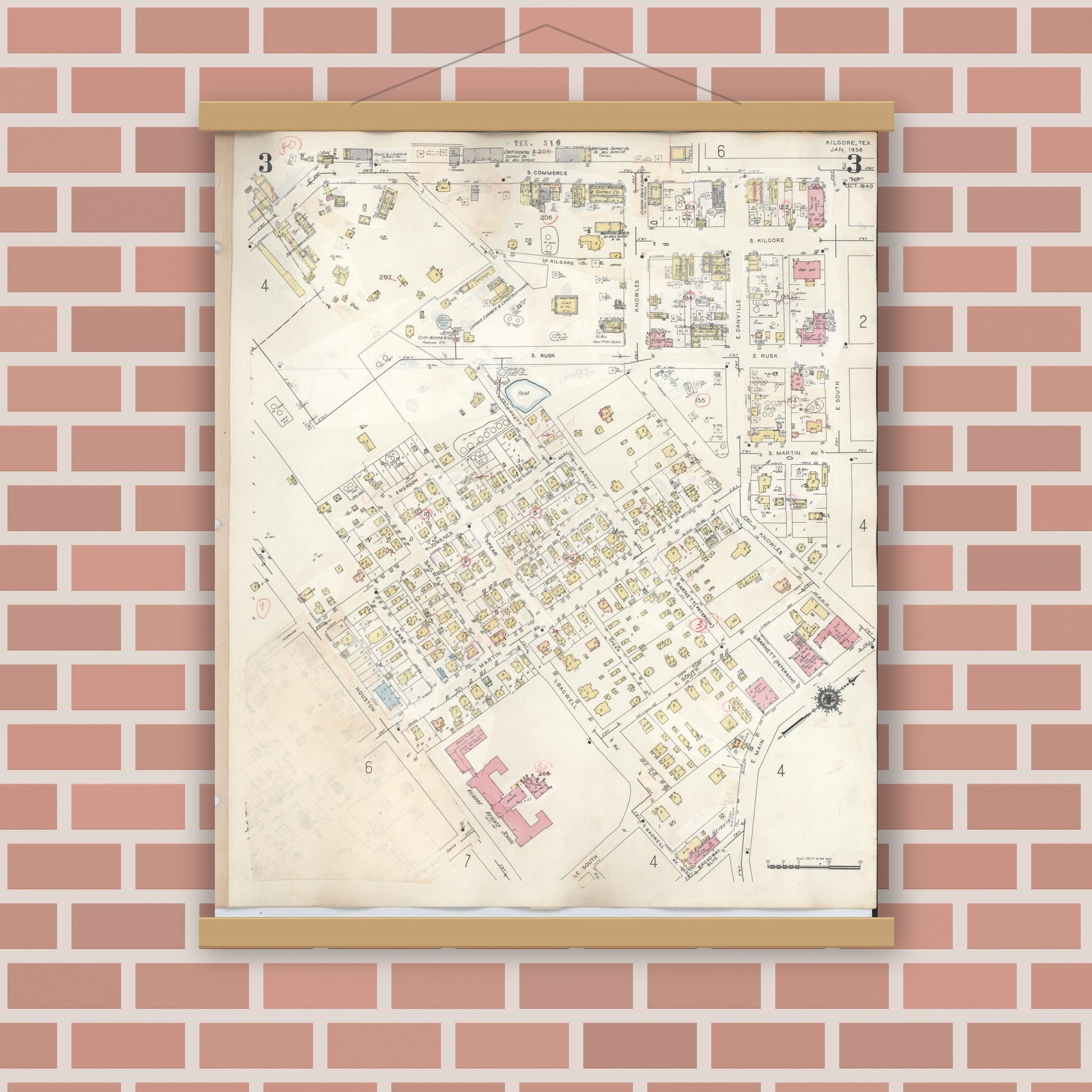 Old map wall art mockup — magnetic wood frame on brick wall — Sanborn Fire Insurance Map from Kilgore, Gregg County, Texas (1950), Sheet #0003