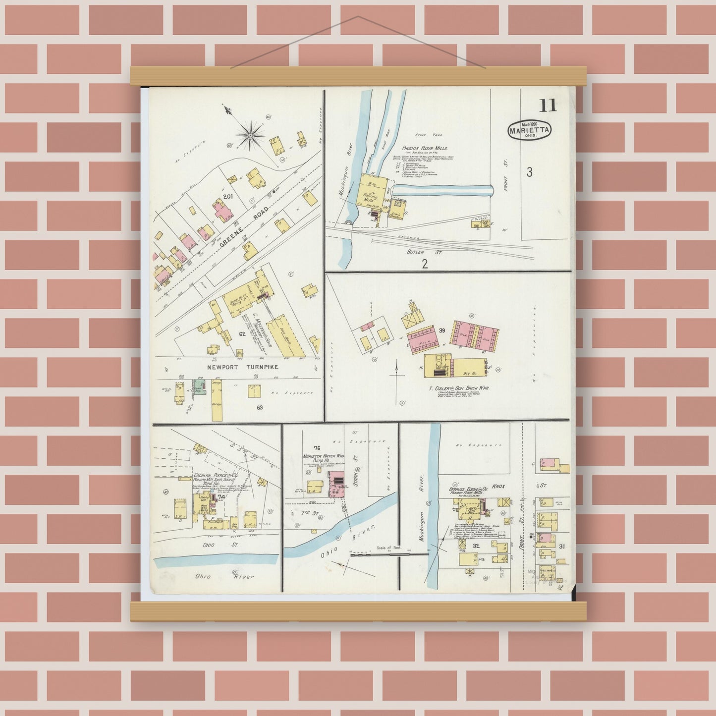 Old map wall art mockup — magnetic wood frame on brick wall — Sanborn Fire Insurance Map from Marietta, Washington County, Ohio (1896), Sheet #0011