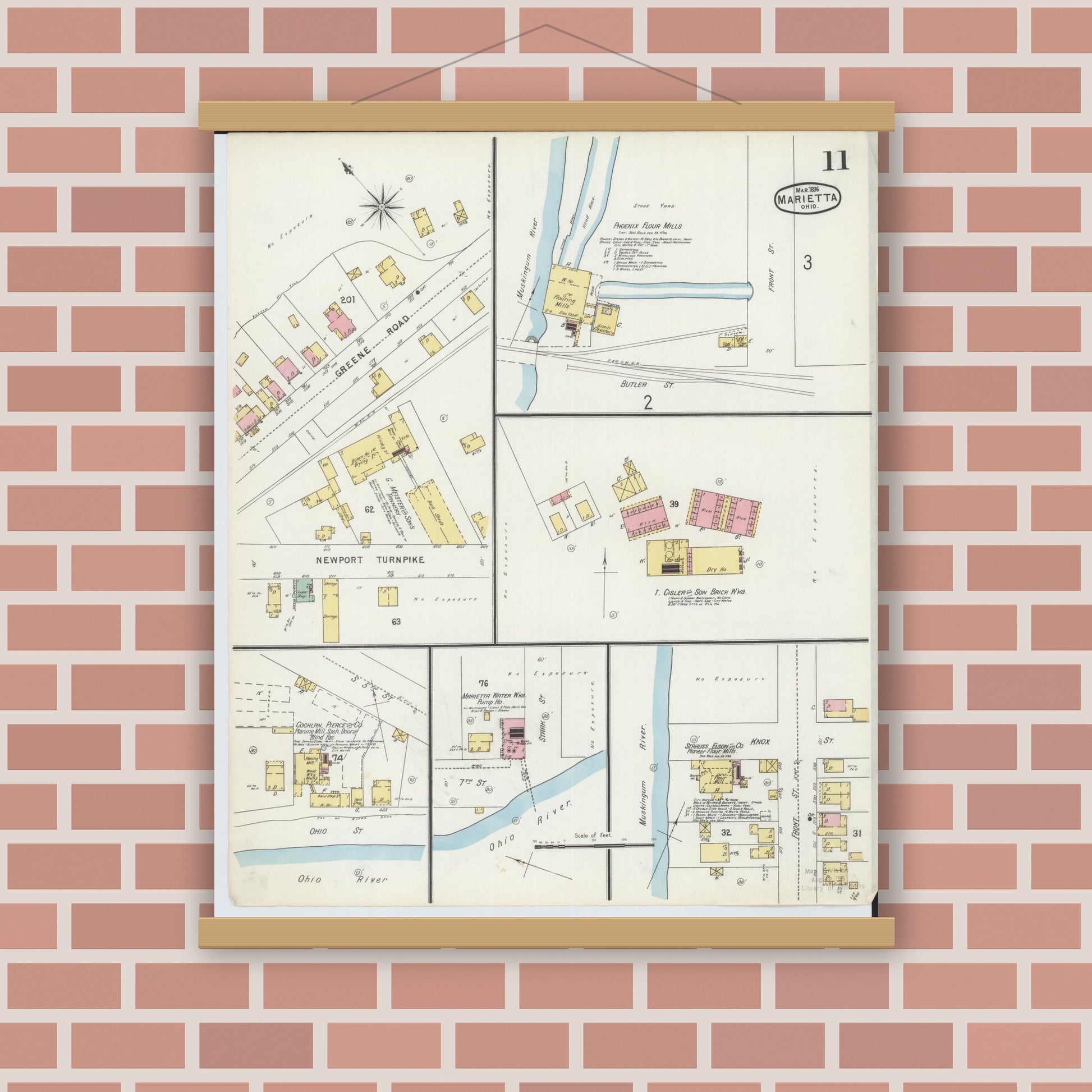 Old map wall art mockup — magnetic wood frame on brick wall — Sanborn Fire Insurance Map from Marietta, Washington County, Ohio (1896), Sheet #0011
