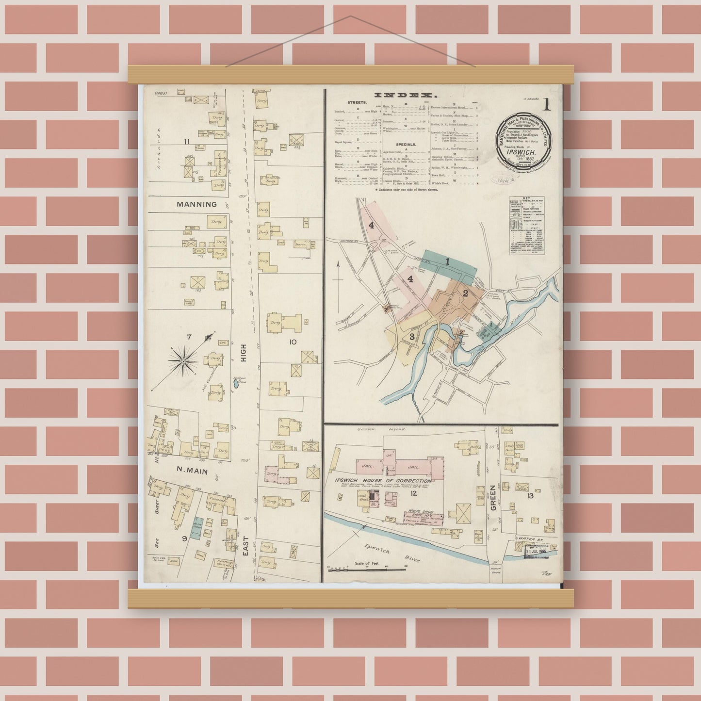 Old map wall art mockup — magnetic wood frame on brick wall — Sanborn Fire Insurance Map from Ipswich, Essex County, Massachusetts (1887) - Complete Map Set