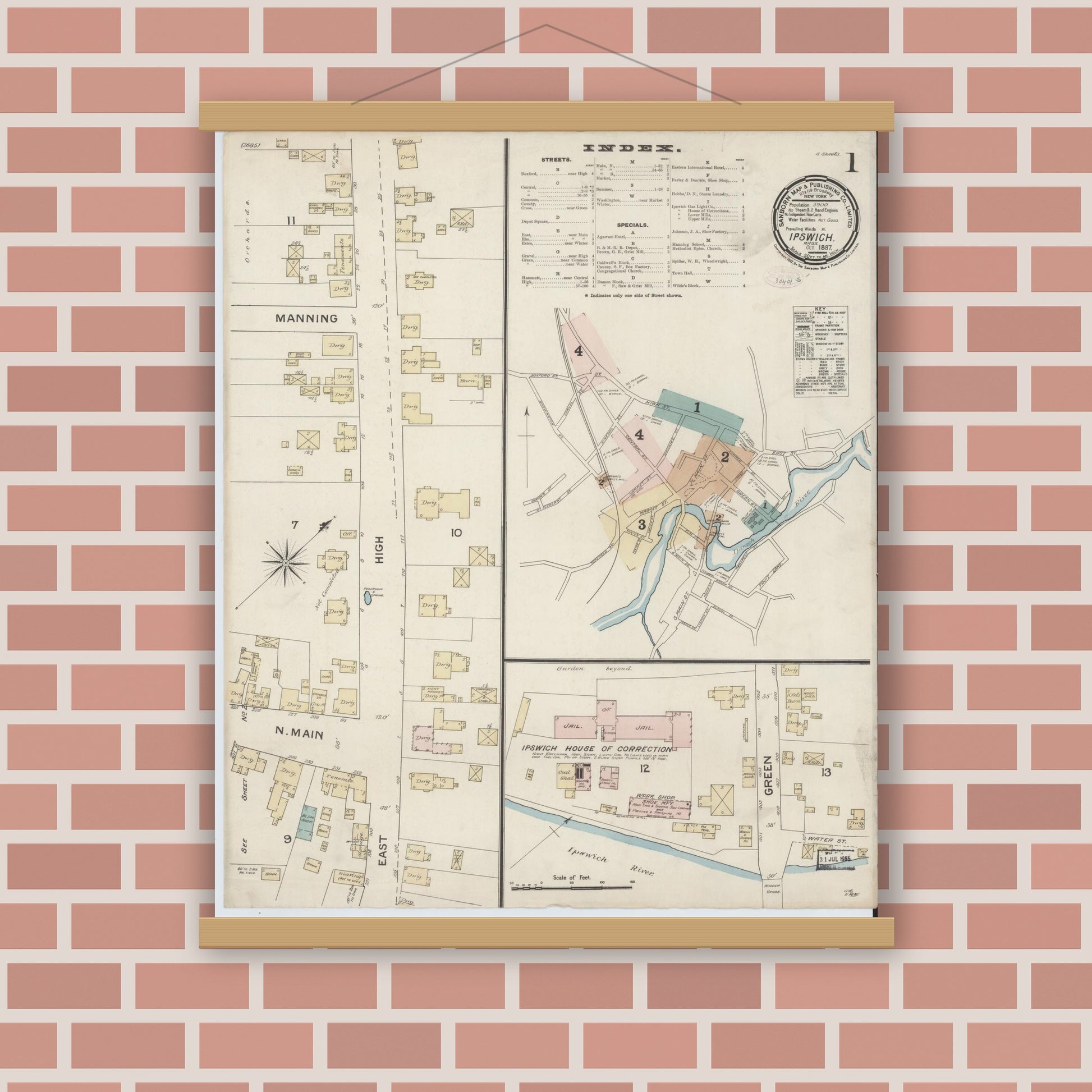 Old map wall art mockup — magnetic wood frame on brick wall — Sanborn Fire Insurance Map from Ipswich, Essex County, Massachusetts (1887) - Complete Map Set