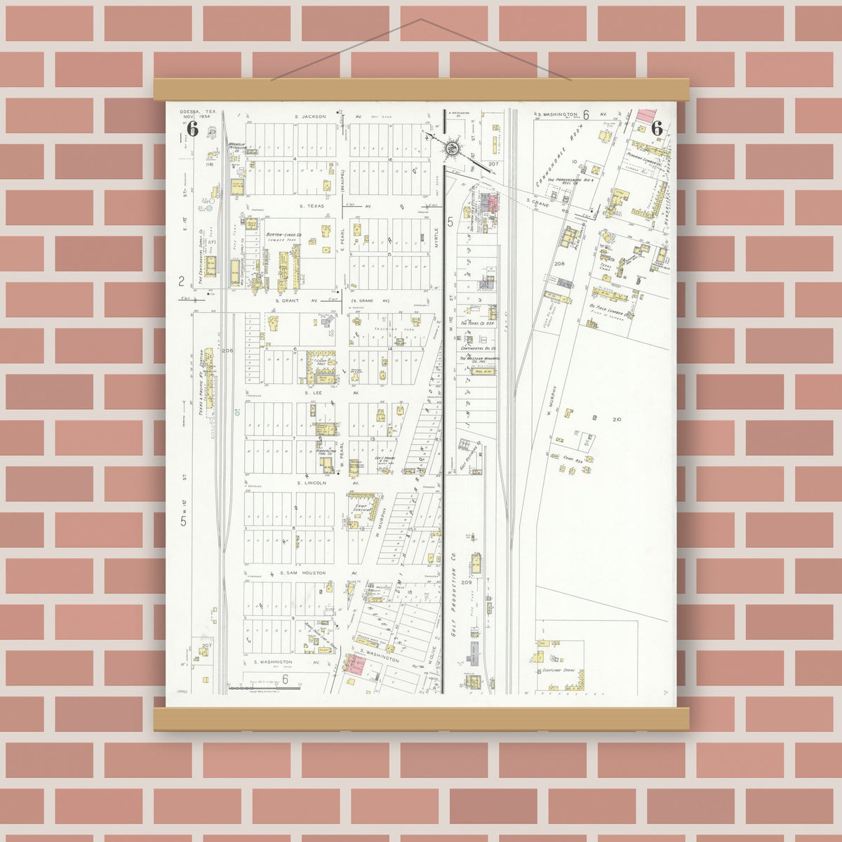 Old map wall art mockup — magnetic wood frame on brick wall — Sanborn Fire Insurance Map from Odessa, Edger County, Texas (1934), Sheet #0006