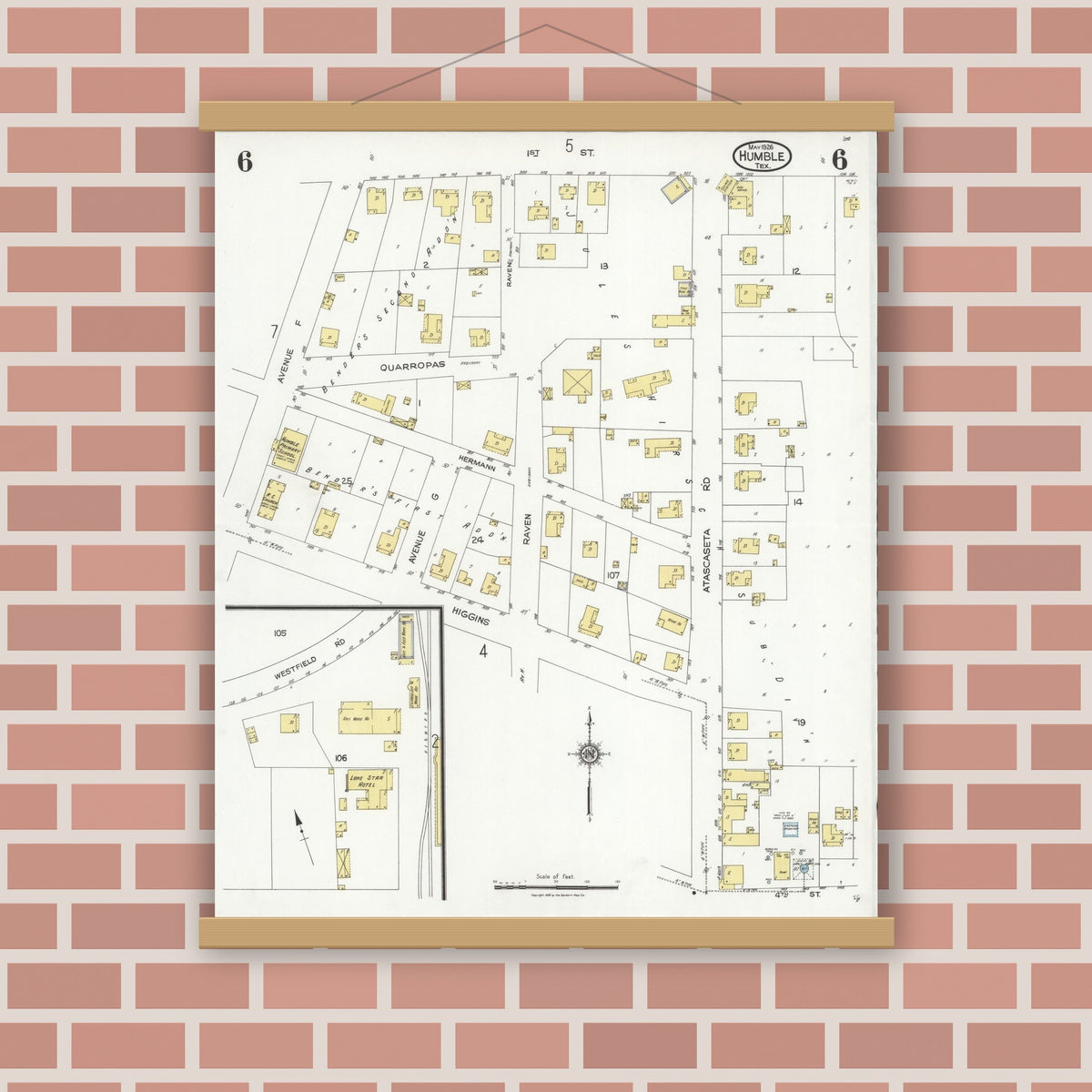 Old map wall art mockup — magnetic wood frame on brick wall — Sanborn Fire Insurance Map from Humble, Harris County, Texas (1926), Sheet #0006