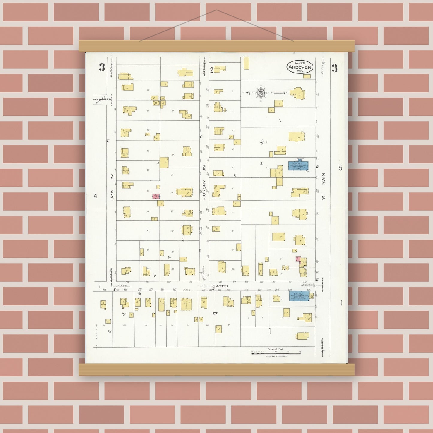 Old map wall art mockup — magnetic wood frame on brick wall — Sanborn Fire Insurance Map from Andover, Ashtabula County, Ohio (1926), Sheet #0003