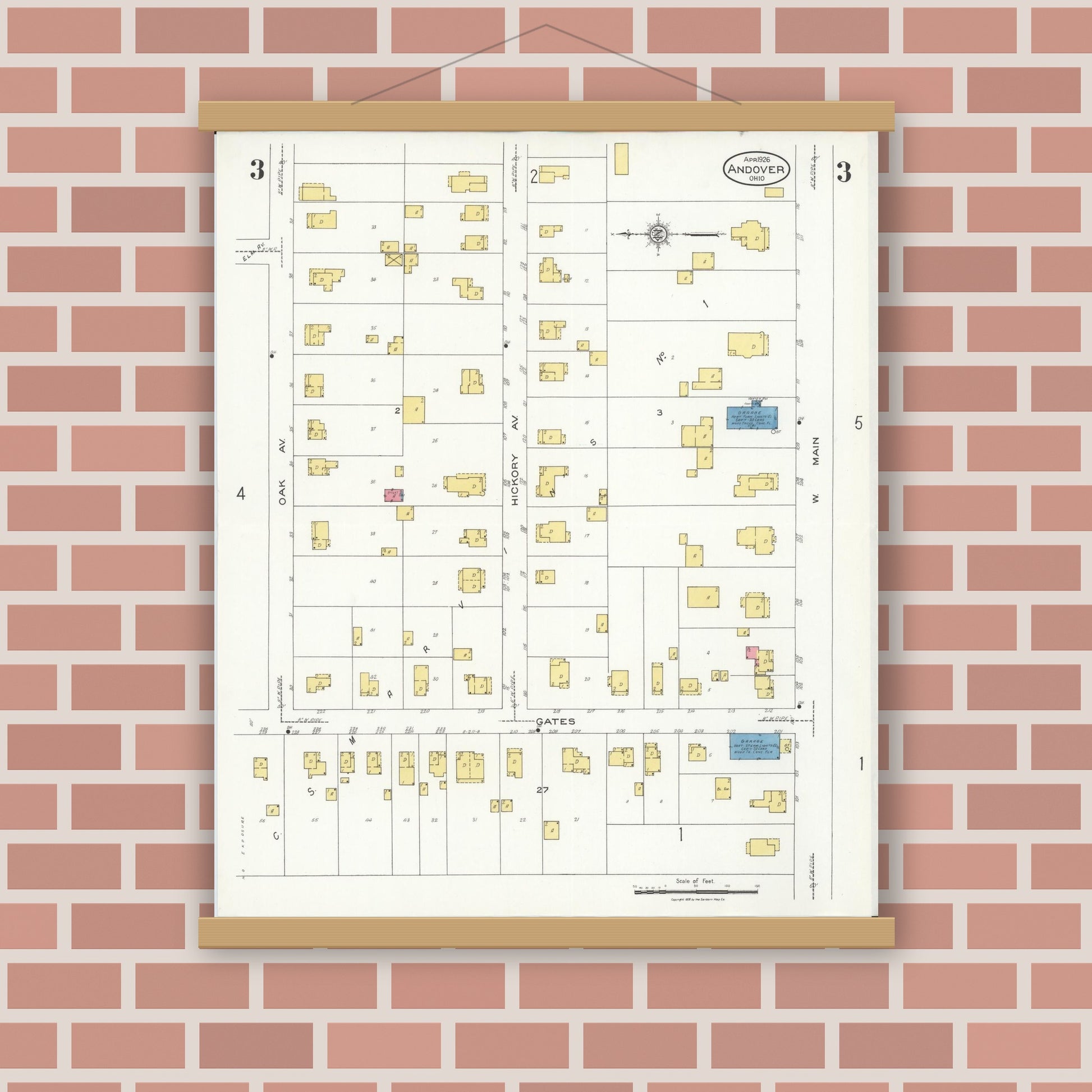 Old map wall art mockup — magnetic wood frame on brick wall — Sanborn Fire Insurance Map from Andover, Ashtabula County, Ohio (1926), Sheet #0003