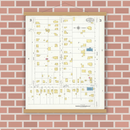 Old map wall art mockup — magnetic wood frame on brick wall — Sanborn Fire Insurance Map from Andover, Ashtabula County, Ohio (1926), Sheet #0003