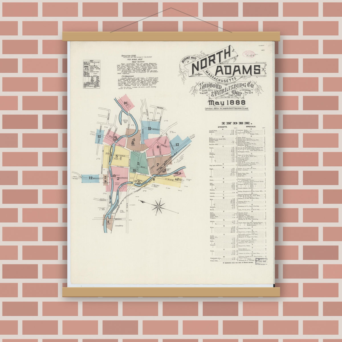 Old map wall art mockup — magnetic wood frame on brick wall — Sanborn Fire Insurance Map from North Adams, Berkshire County, Massachusetts (1888), Sheet #0001