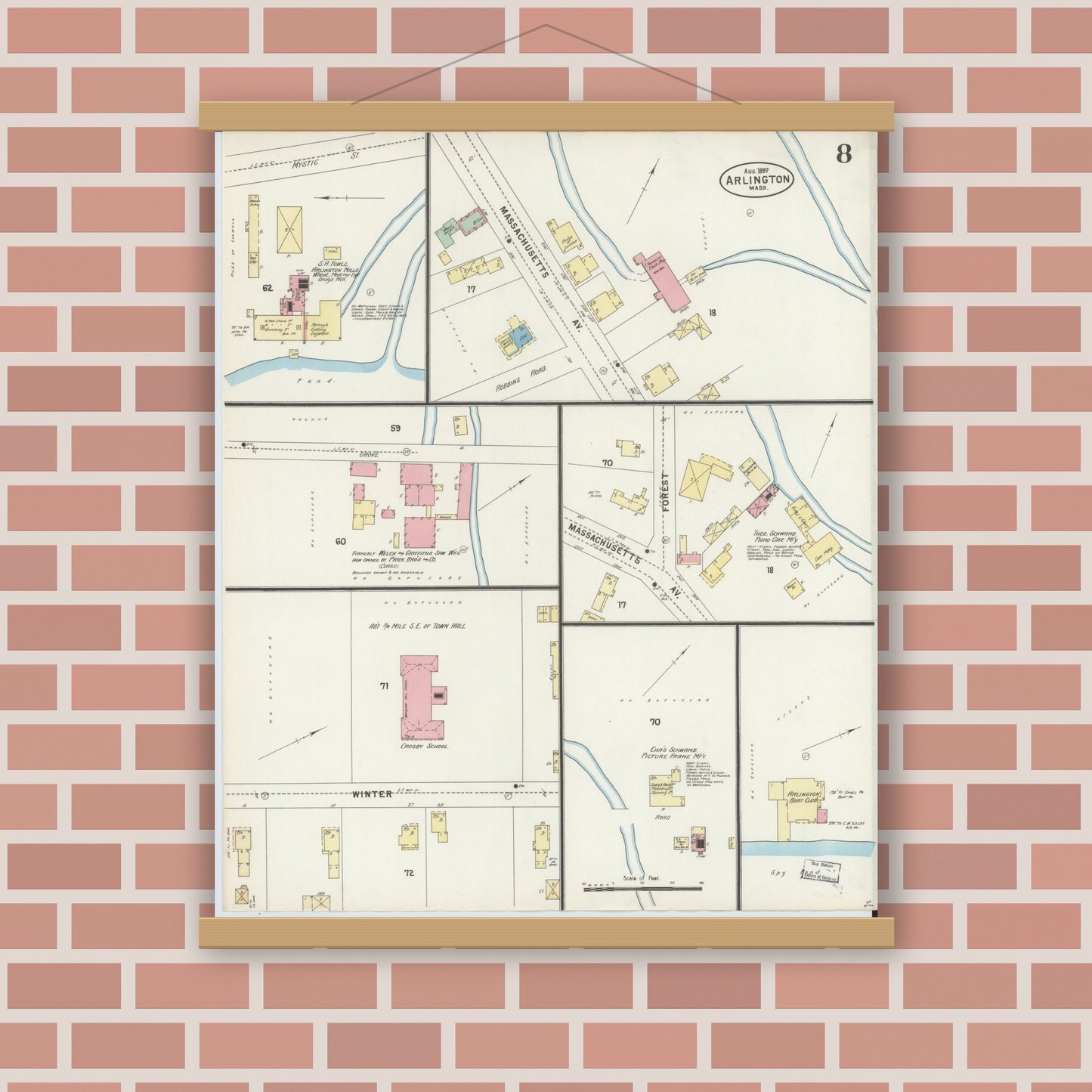 Old map wall art mockup — magnetic wood frame on brick wall — Sanborn Fire Insurance Map from Arlington, Middlesex County, Massachusetts (1897), Sheet #0008