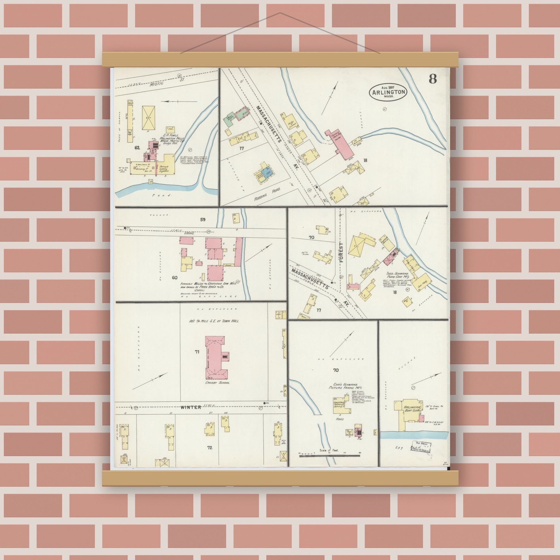 Old map wall art mockup — magnetic wood frame on brick wall — Sanborn Fire Insurance Map from Arlington, Middlesex County, Massachusetts (1897), Sheet #0008