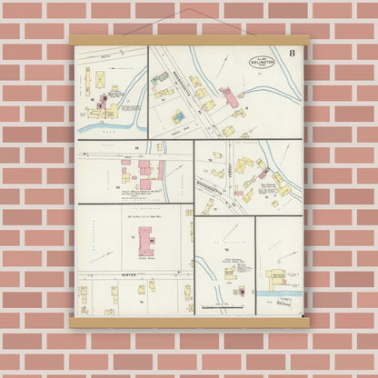 Old map wall art mockup — magnetic wood frame on brick wall — Sanborn Fire Insurance Map from Arlington, Middlesex County, Massachusetts (1897), Sheet #0008
