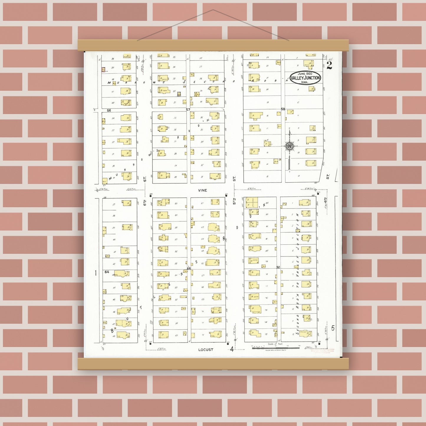 Old map wall art mockup — magnetic wood frame on brick wall — Sanborn Fire Insurance Map from Valley Junction, Polk County, Iowa (1920), Sheet #0002