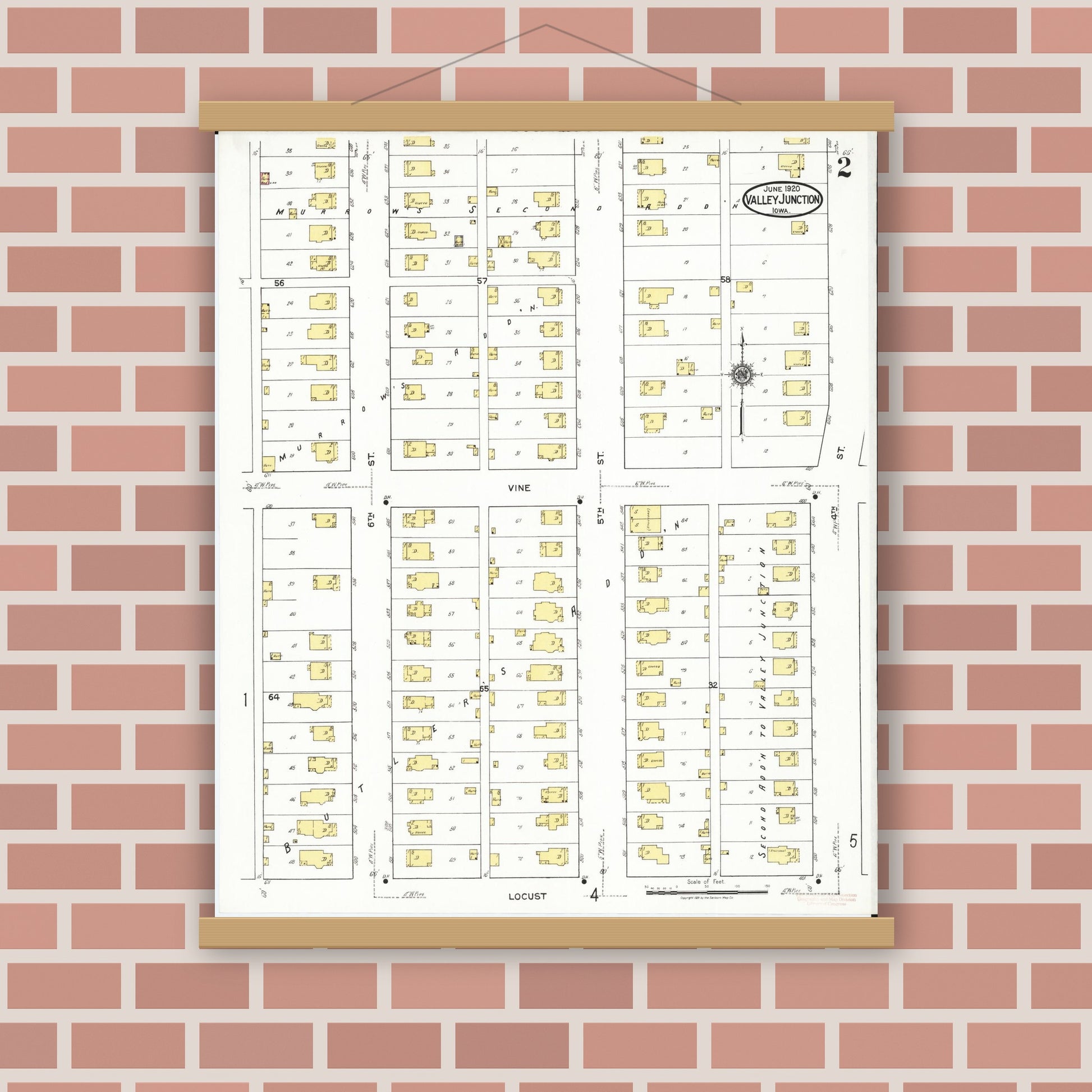 Old map wall art mockup — magnetic wood frame on brick wall — Sanborn Fire Insurance Map from Valley Junction, Polk County, Iowa (1920), Sheet #0002