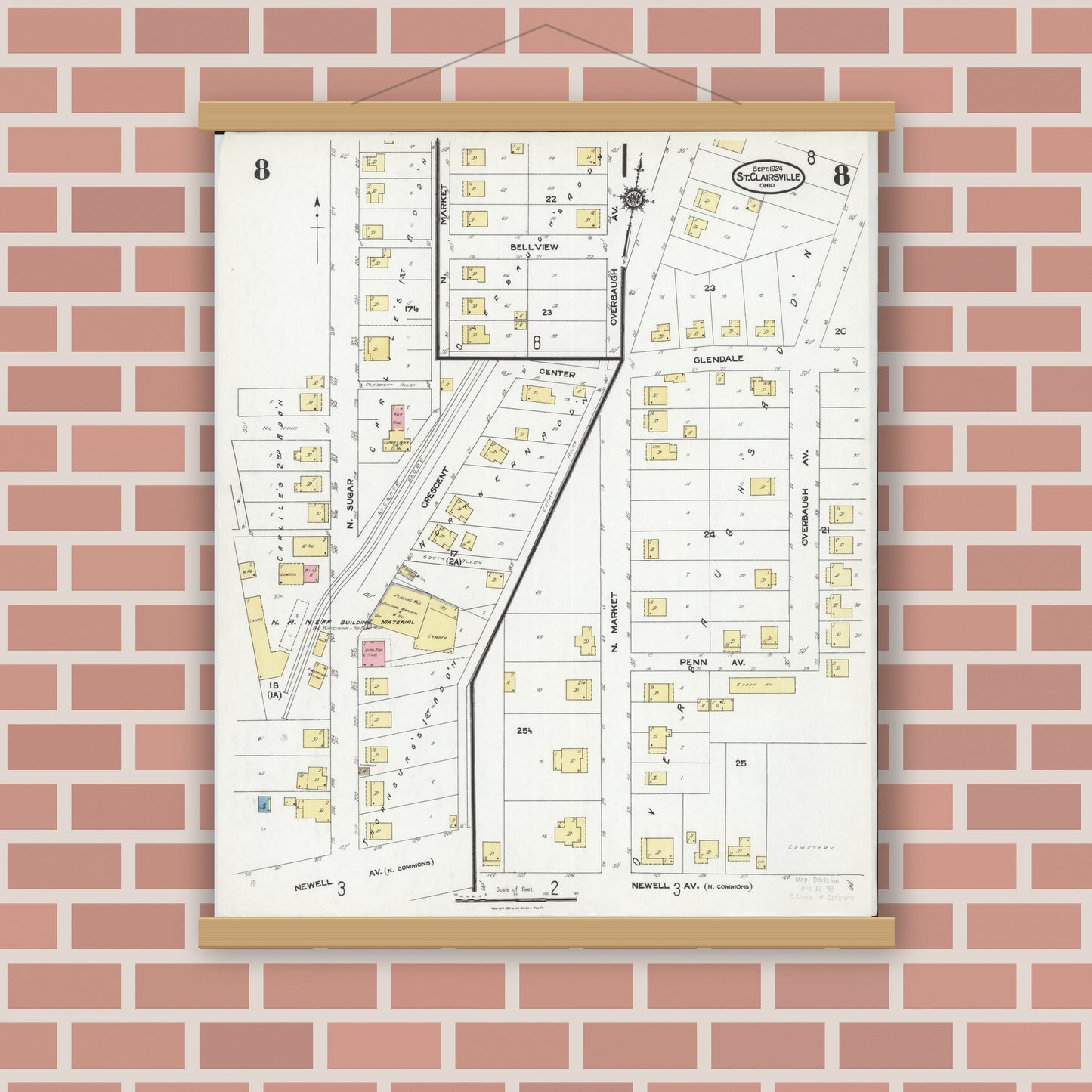 Old map wall art mockup — magnetic wood frame on brick wall — Sanborn Fire Insurance Map from Saint Clairsville, Belmont County, Ohio (1924), Sheet #0008