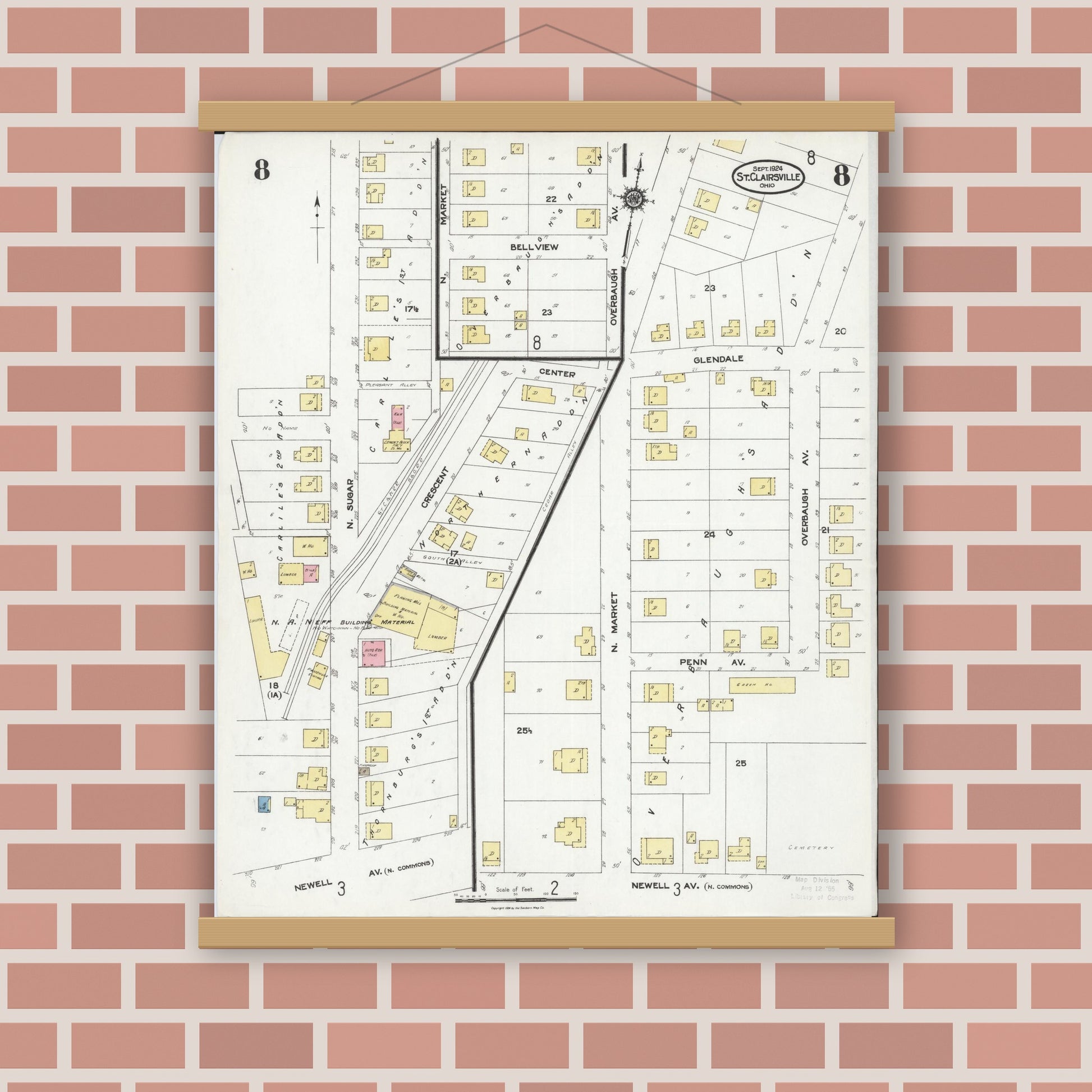 Old map wall art mockup — magnetic wood frame on brick wall — Sanborn Fire Insurance Map from Saint Clairsville, Belmont County, Ohio (1924), Sheet #0008