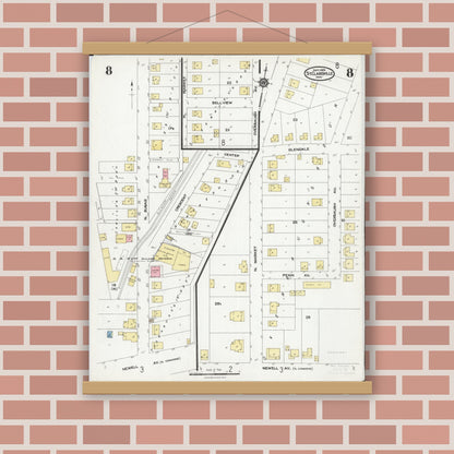 Old map wall art mockup — magnetic wood frame on brick wall — Sanborn Fire Insurance Map from Saint Clairsville, Belmont County, Ohio (1924), Sheet #0008