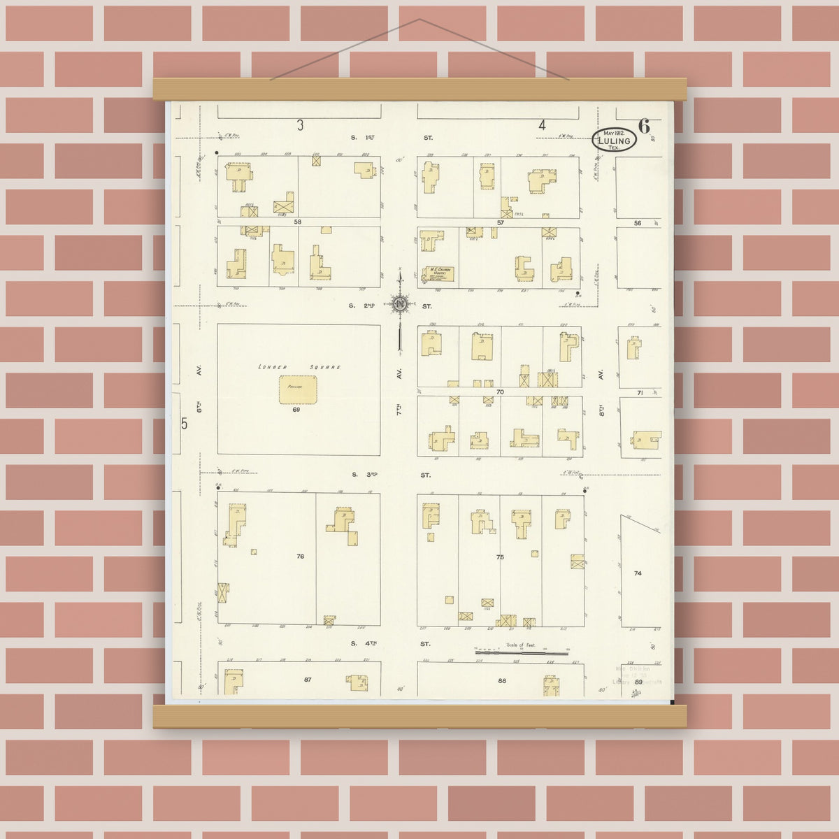 Old map wall art mockup — magnetic wood frame on brick wall — Sanborn Fire Insurance Map from Luling, Caldwell County, Texas (1912), Sheet #0006