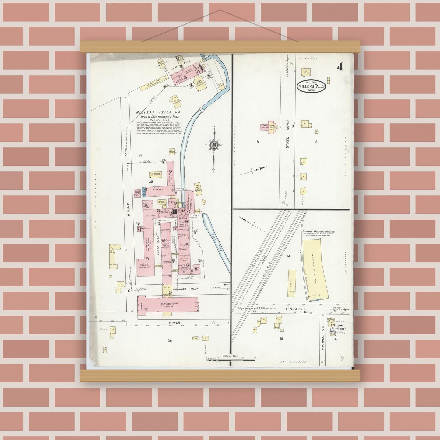 Old map wall art mockup — magnetic wood frame on brick wall — Sanborn Fire Insurance Map from Millers Falls, Franklin County, Massachusetts (1914), Sheet #0004