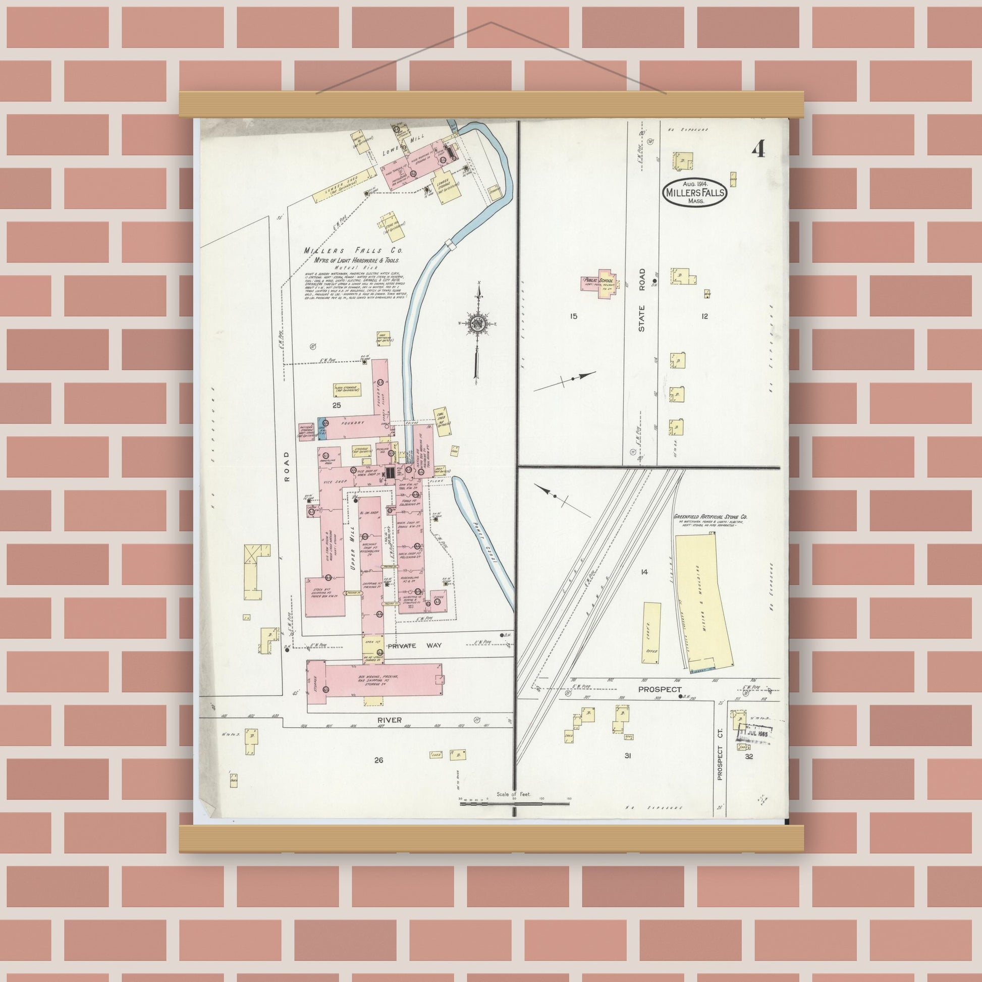 Old map wall art mockup — magnetic wood frame on brick wall — Sanborn Fire Insurance Map from Millers Falls, Franklin County, Massachusetts (1914), Sheet #0004