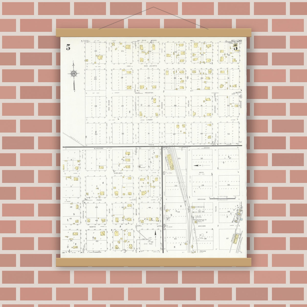 Old map wall art mockup — magnetic wood frame on brick wall — Sanborn Fire Insurance Map from Henrietta, Clay County, Texas (1934), Sheet #0005