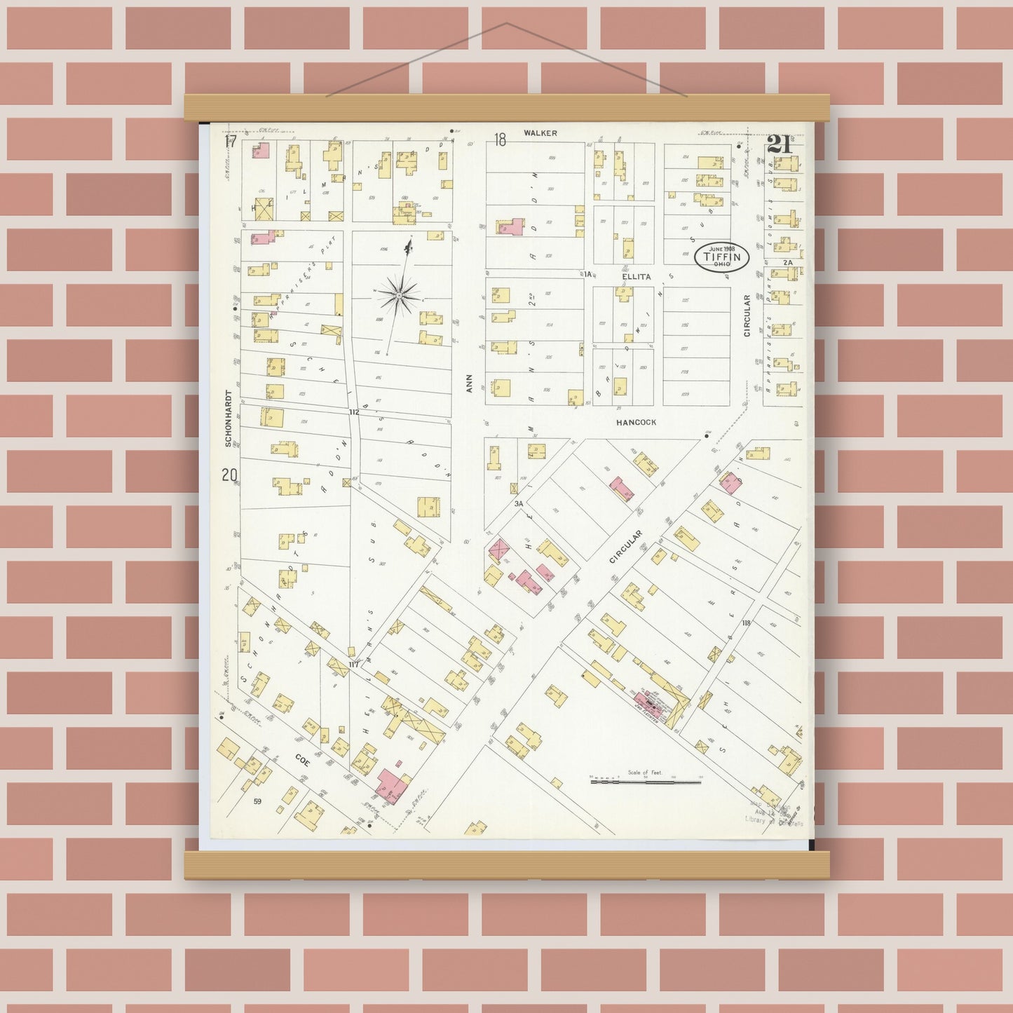 Old map wall art mockup — magnetic wood frame on brick wall — Sanborn Fire Insurance Map from Tiffin, Seneca County, Ohio (1908), Sheet #0021