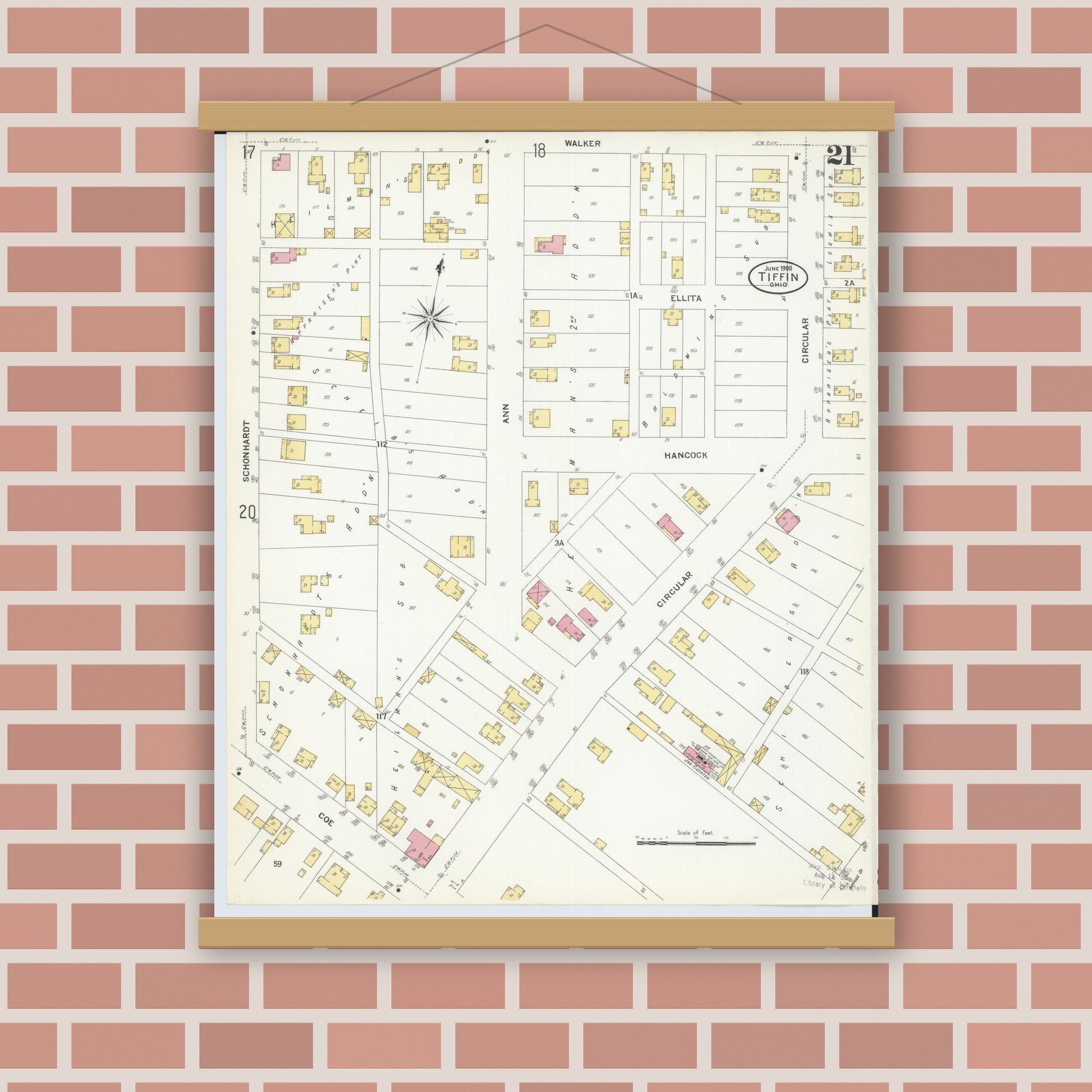 Old map wall art mockup — magnetic wood frame on brick wall — Sanborn Fire Insurance Map from Tiffin, Seneca County, Ohio (1908), Sheet #0021