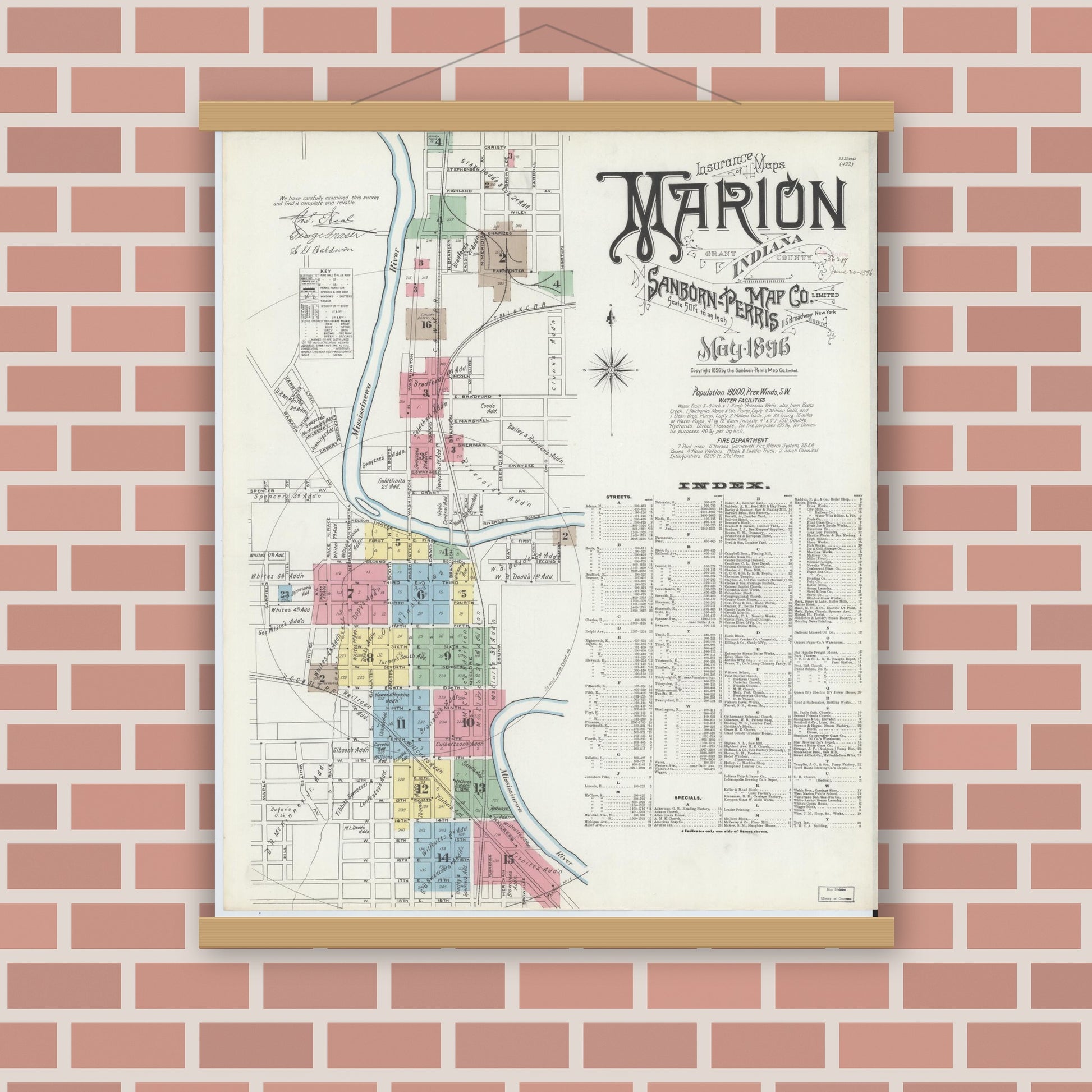 Old map wall art mockup — magnetic wood frame on brick wall — Sanborn Fire Insurance Map from Marion, Grant County, Indiana (1896) - Complete Map Set
