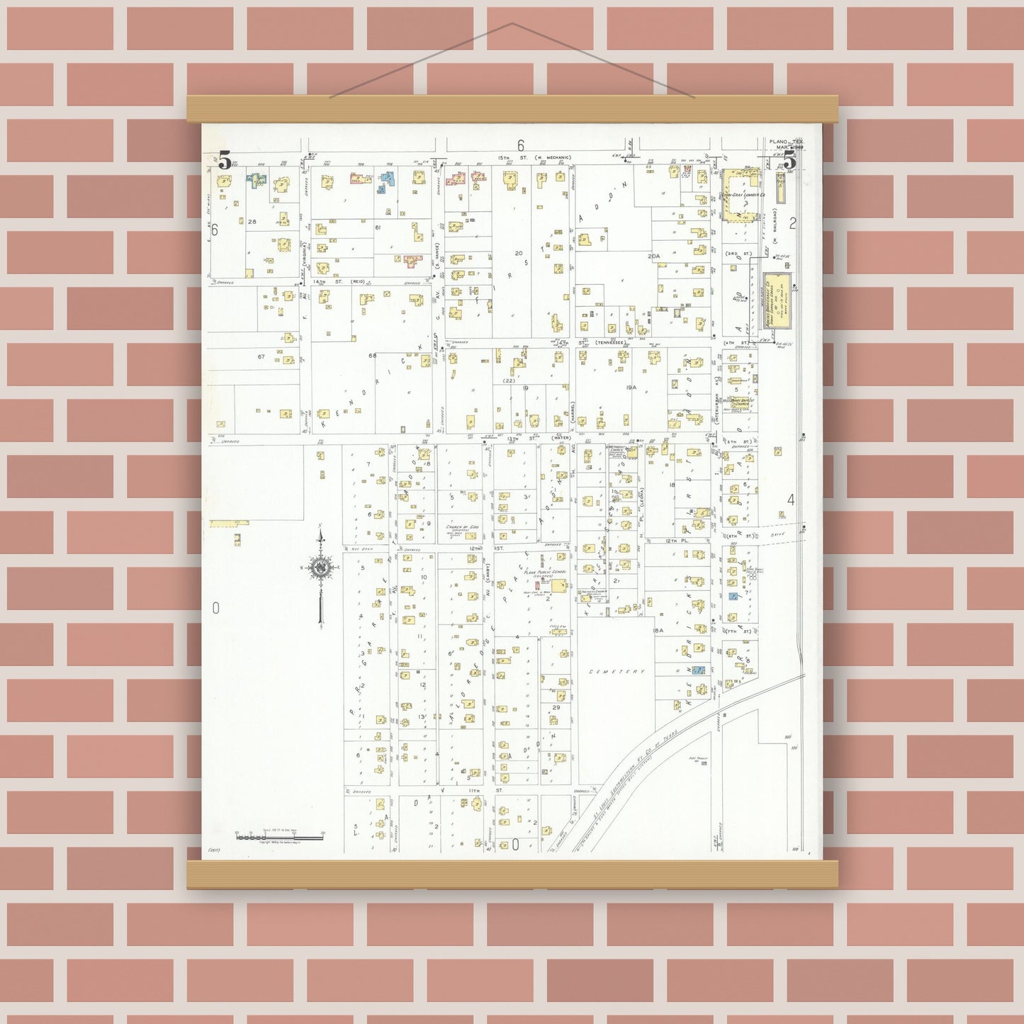Old map wall art mockup — magnetic wood frame on brick wall — Sanborn Fire Insurance Map from Plano, Collin County, Texas (1949), Sheet #0005