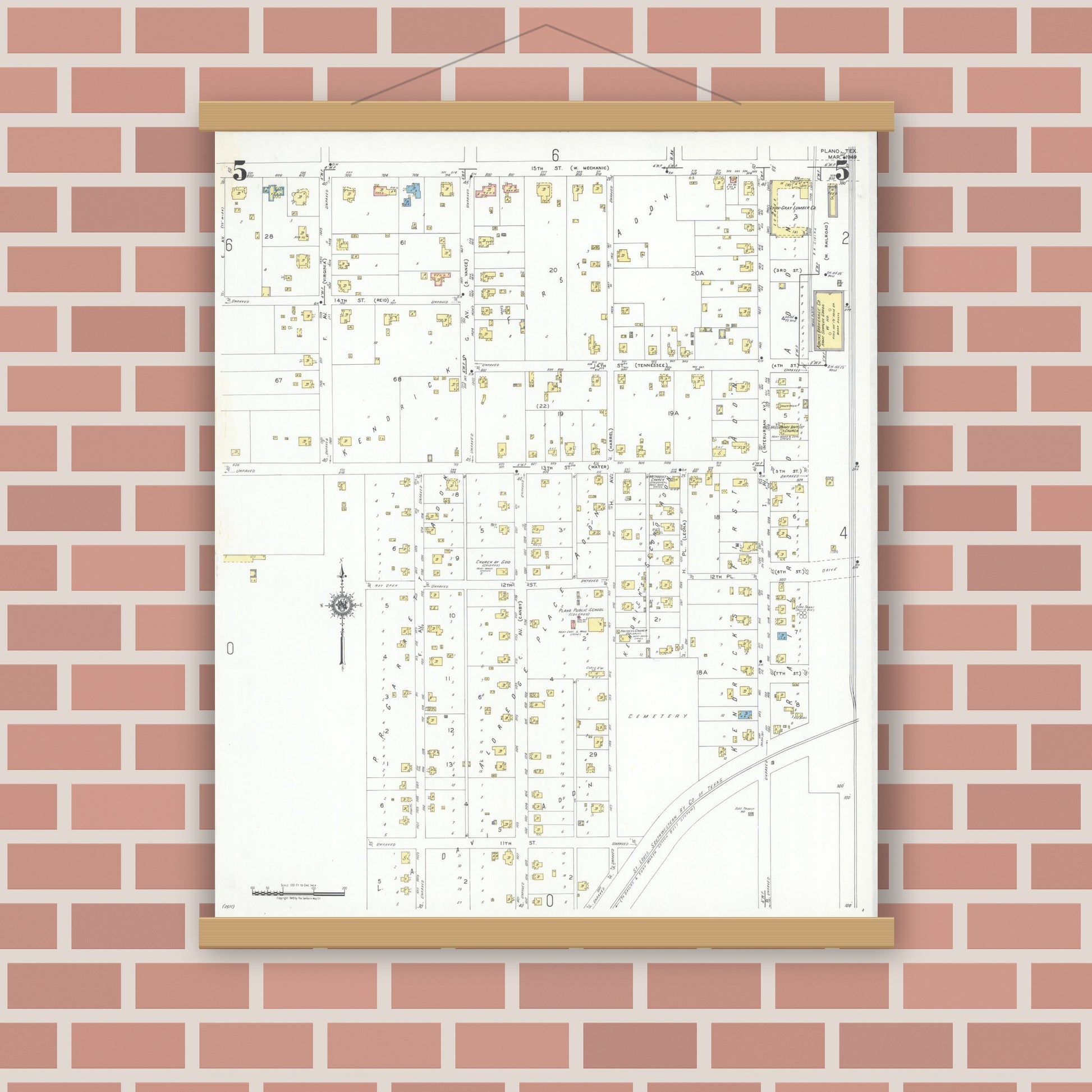 Old map wall art mockup — magnetic wood frame on brick wall — Sanborn Fire Insurance Map from Plano, Collin County, Texas (1949), Sheet #0005