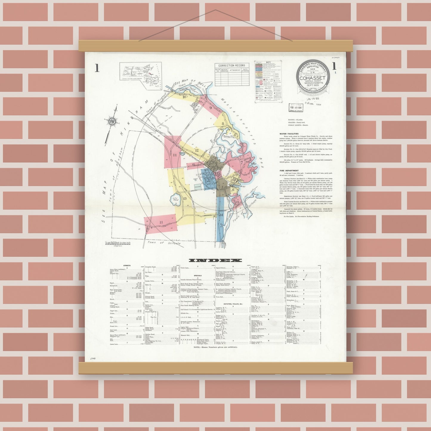Old map wall art mockup — magnetic wood frame on brick wall — Sanborn Fire Insurance Map from Cohasset, Norfolk County, Massachusetts (1935) - Complete Map Set
