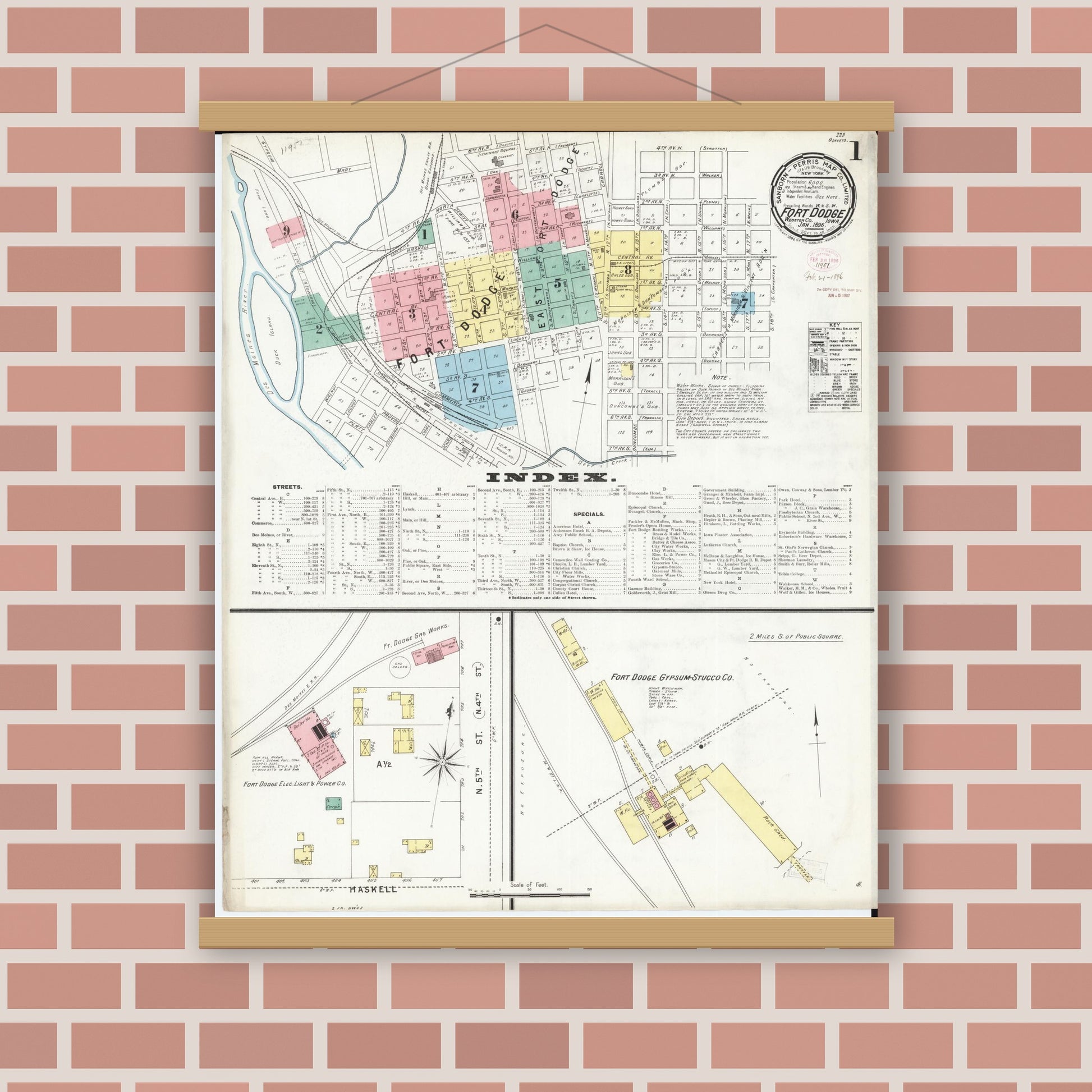 Old map wall art mockup — magnetic wood frame on brick wall — Sanborn Fire Insurance Map from Fort Dodge, Webster County, Iowa (1896) â€” Complete Set