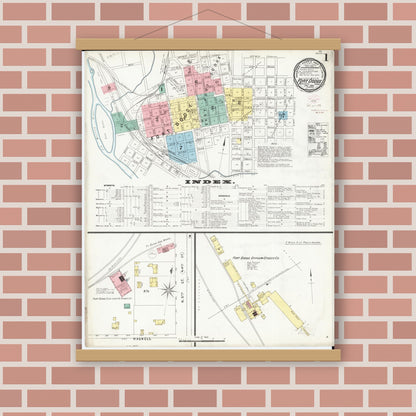 Old map wall art mockup — magnetic wood frame on brick wall — Sanborn Fire Insurance Map from Fort Dodge, Webster County, Iowa (1896) â€” Complete Set
