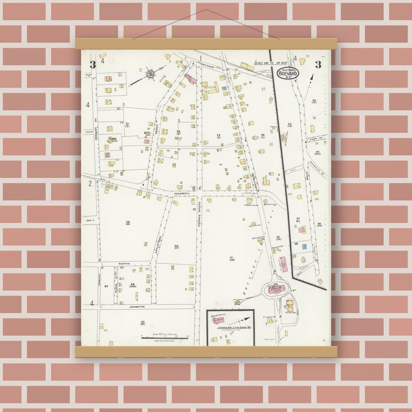 Old map wall art mockup — magnetic wood frame on brick wall — Sanborn Fire Insurance Map from Brevard, Transylvania County, North Carolina (1924), Sheet #0003