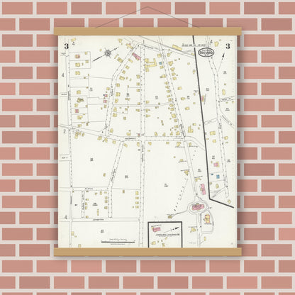 Old map wall art mockup — magnetic wood frame on brick wall — Sanborn Fire Insurance Map from Brevard, Transylvania County, North Carolina (1924), Sheet #0003