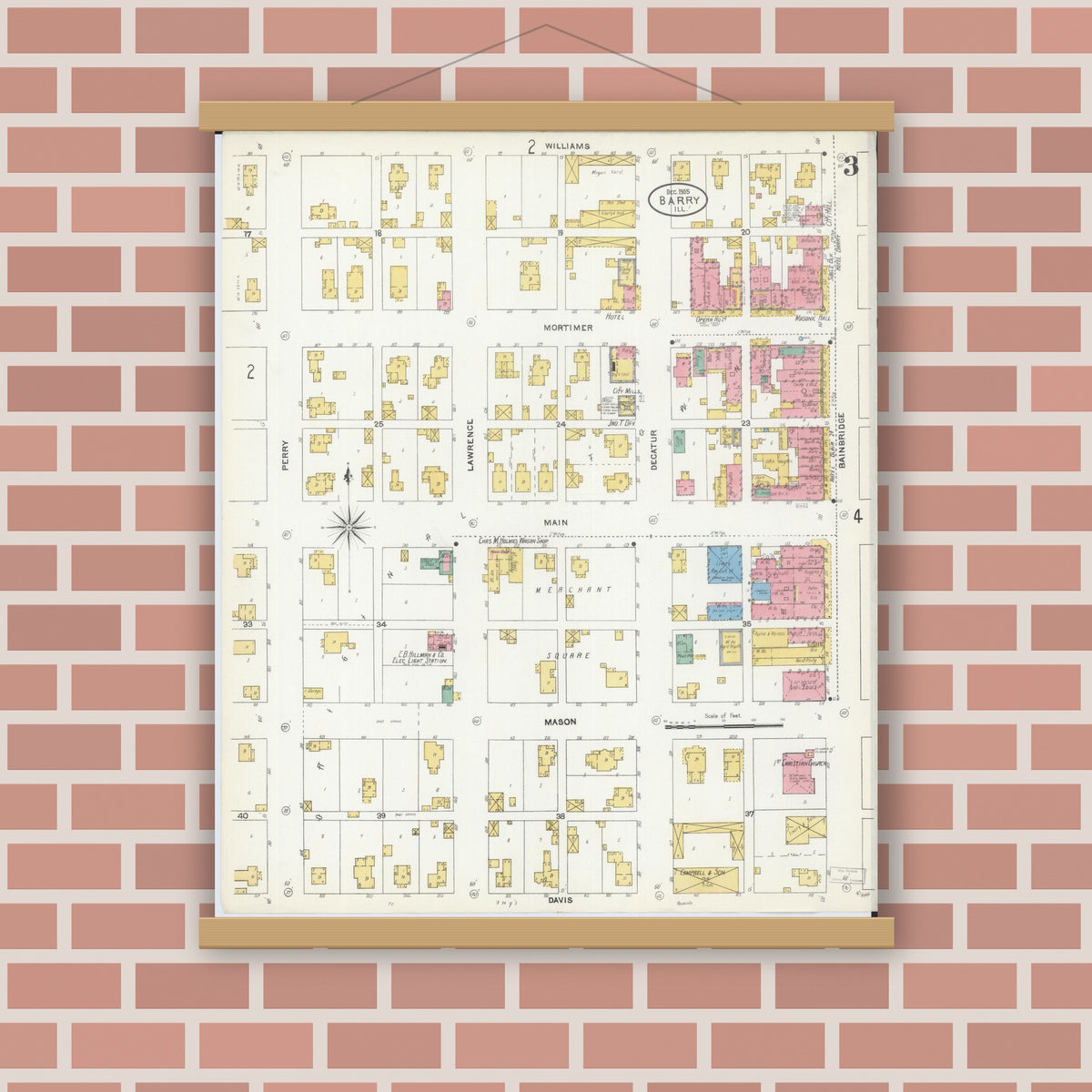 Old map wall art mockup — magnetic wood frame on brick wall — Sanborn Fire Insurance Map from Barry, Pike County, Illinois (1905), Sheet #0003