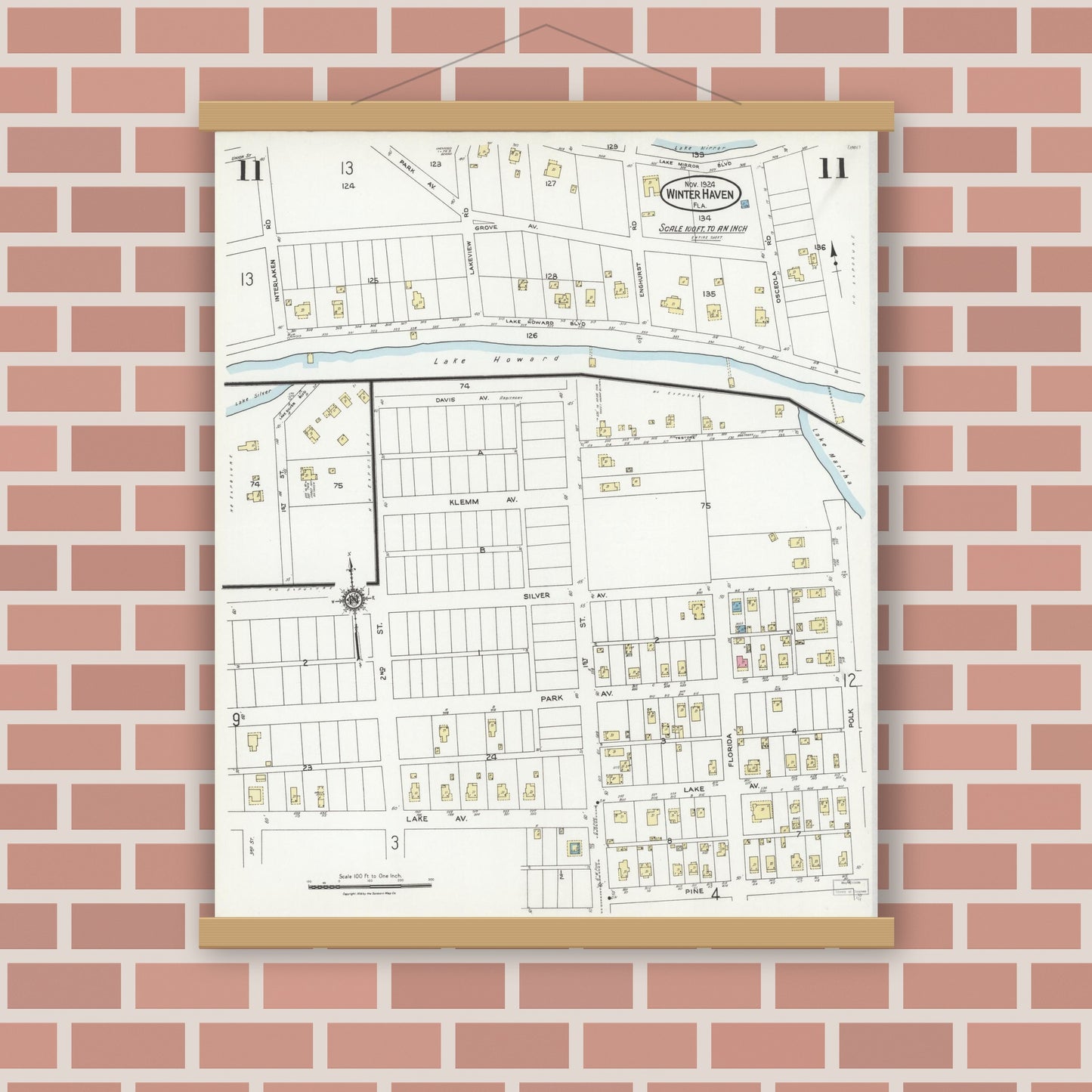 Old map wall art mockup — magnetic wood frame on brick wall — Sanborn Fire Insurance Map from Winter Haven, Polk County, Florida (1924), Sheet #0011