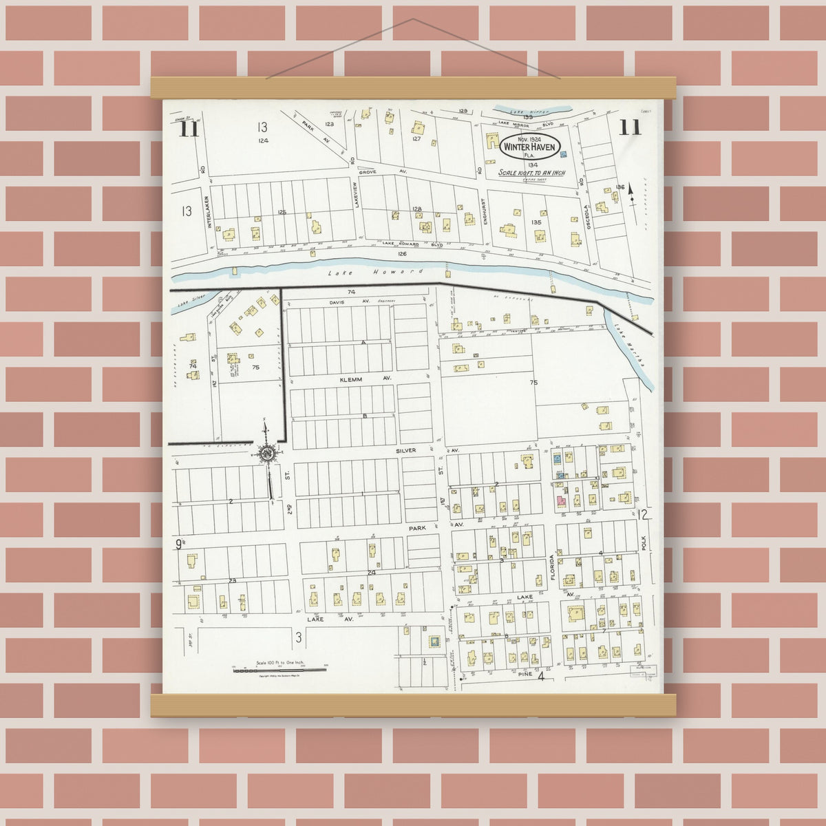 Old map wall art mockup — magnetic wood frame on brick wall — Sanborn Fire Insurance Map from Winter Haven, Polk County, Florida (1924), Sheet #0011