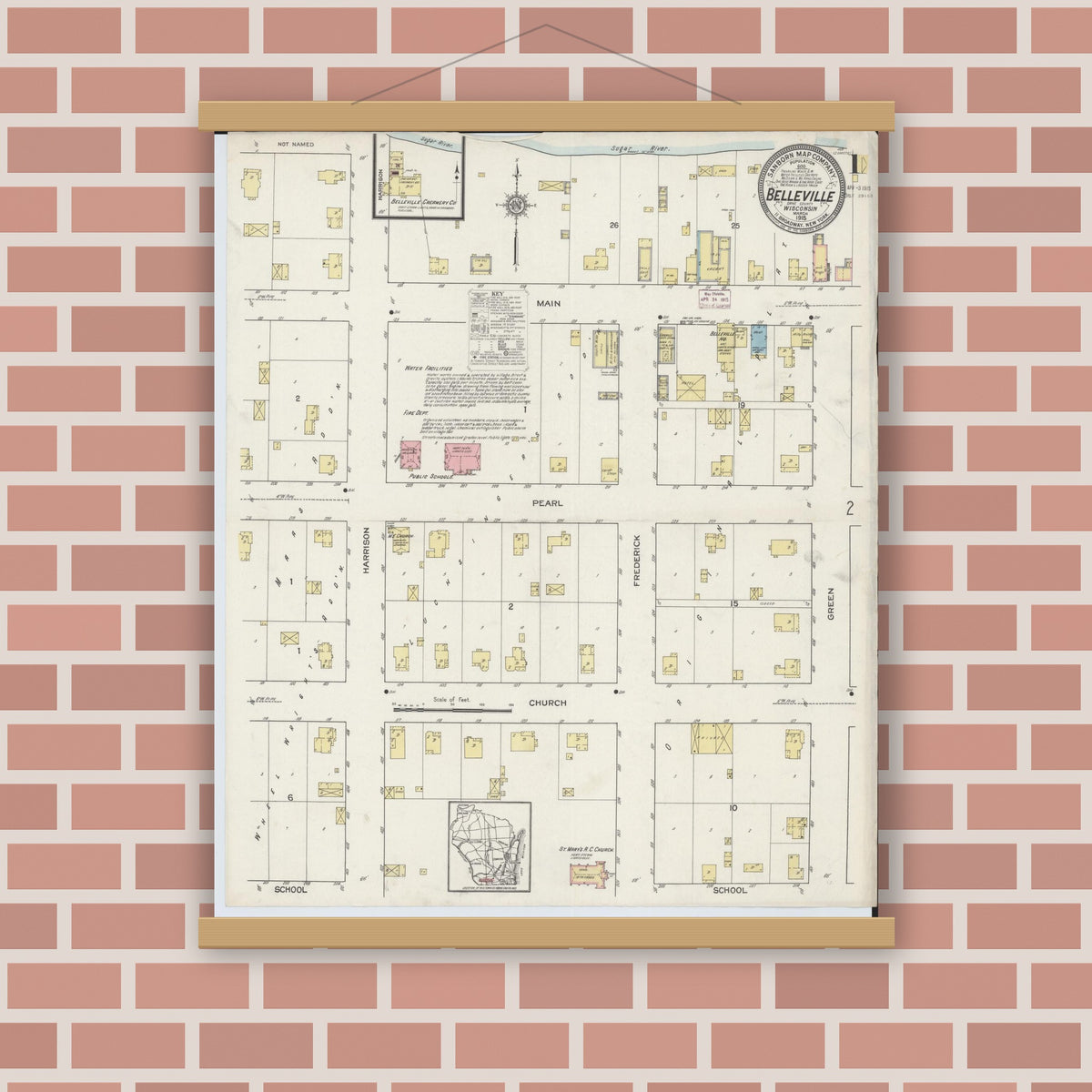 Old map wall art mockup — magnetic wood frame on brick wall — Sanborn Fire Insurance Map from Belleville, Dane County, Wisconsin (1915) - Complete Map Set