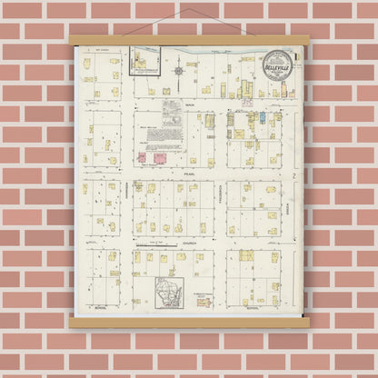 Old map wall art mockup — magnetic wood frame on brick wall — Sanborn Fire Insurance Map from Belleville, Dane County, Wisconsin (1915) - Complete Map Set