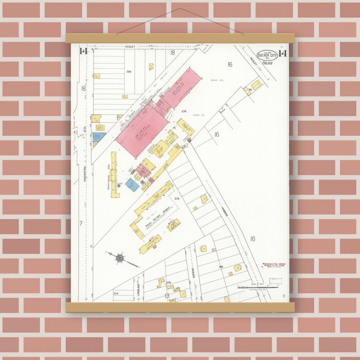 Old map wall art mockup — magnetic wood frame on brick wall — Sanborn Fire Insurance Map from Culver City, Los Angeles County, California (1924), Sheet #0014