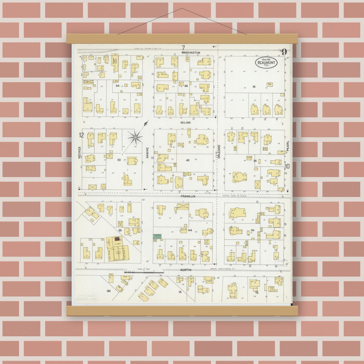 Old map wall art mockup — magnetic wood frame on brick wall — Sanborn Fire Insurance Map from Beaumont, Jefferson County, Texas (1902), Sheet #0009