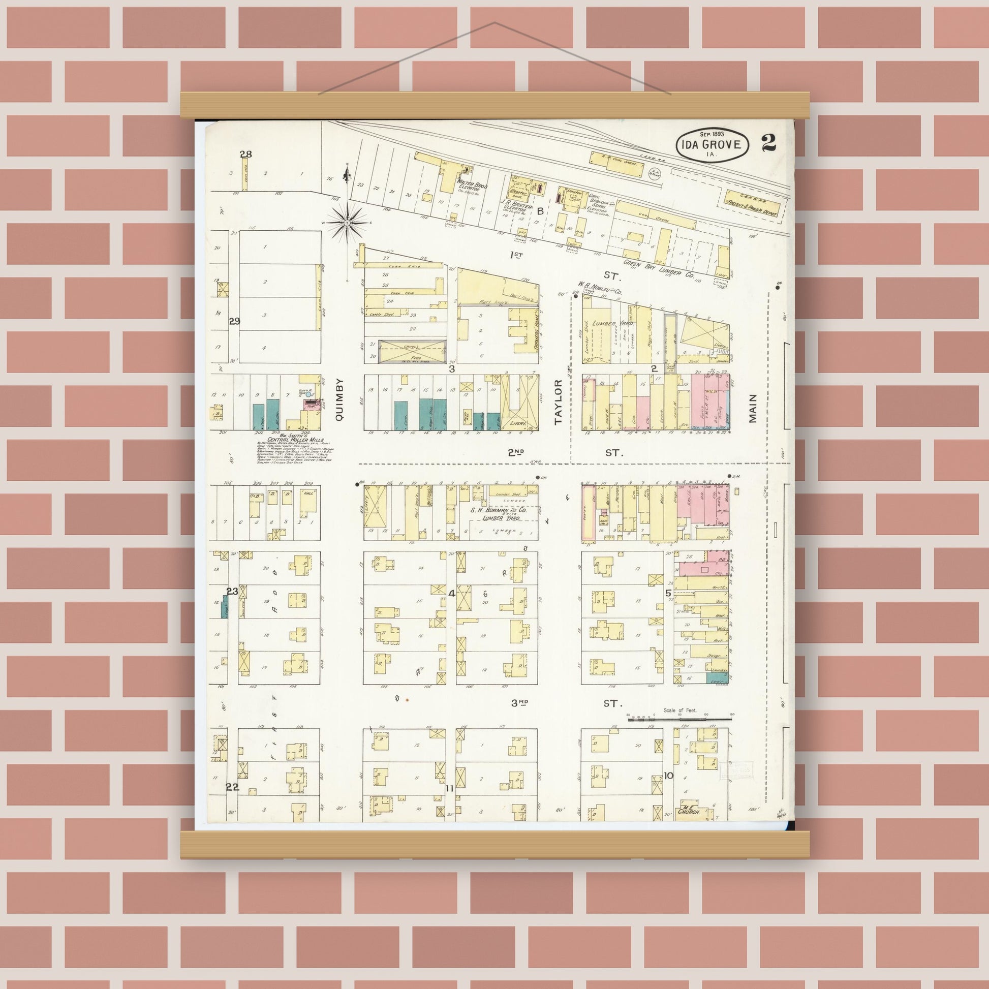 Old map wall art mockup — magnetic wood frame on brick wall — Sanborn Fire Insurance Map from Ida Grove, Ida County, Iowa (1893), Sheet #0002