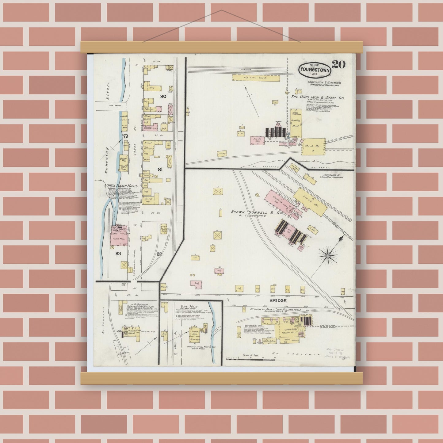 Old map wall art mockup — magnetic wood frame on brick wall — Sanborn Fire Insurance Map from Youngstown, Mahoning County, Ohio (1889), Sheet #0020