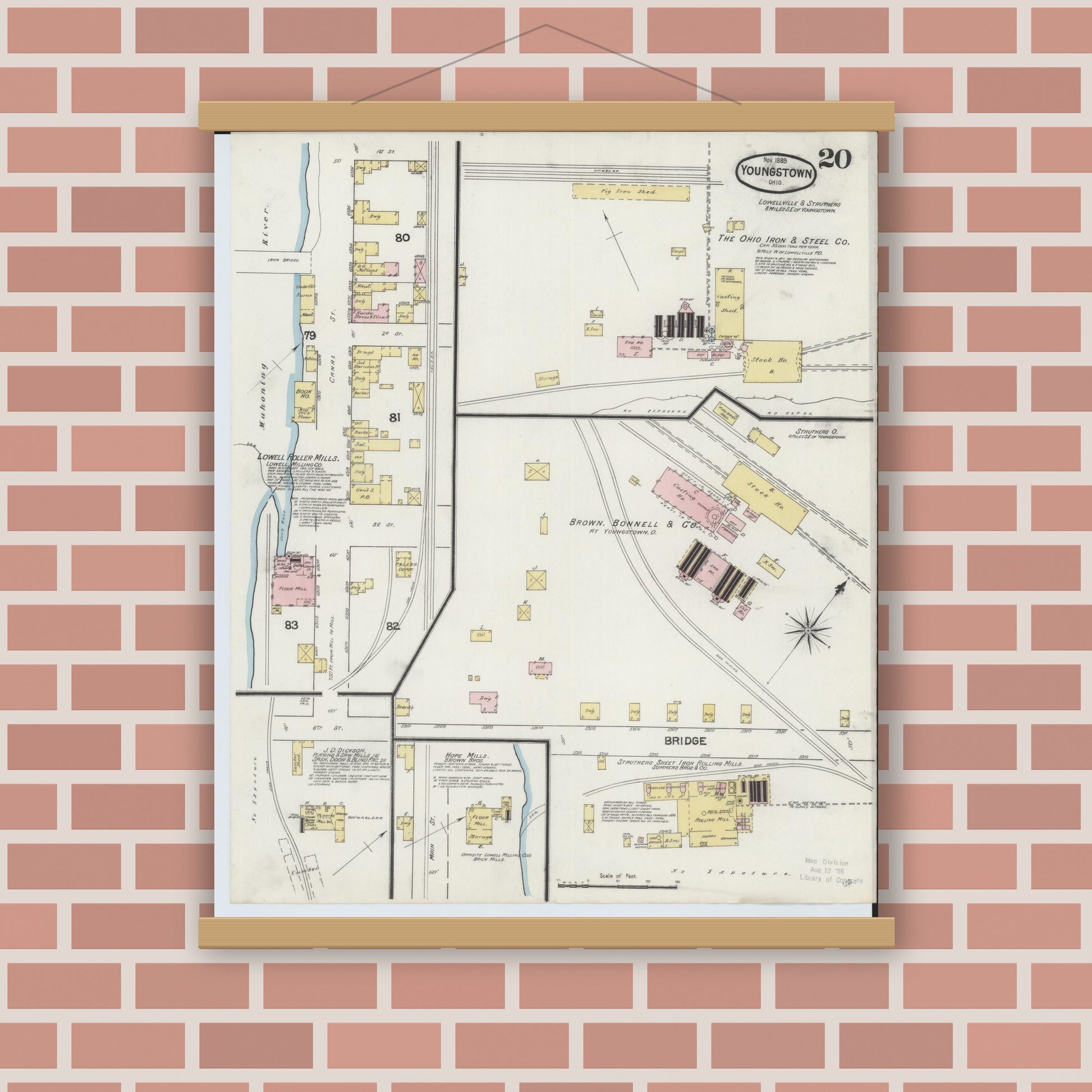 Old map wall art mockup — magnetic wood frame on brick wall — Sanborn Fire Insurance Map from Youngstown, Mahoning County, Ohio (1889), Sheet #0020