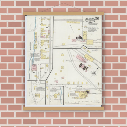 Old map wall art mockup — magnetic wood frame on brick wall — Sanborn Fire Insurance Map from Youngstown, Mahoning County, Ohio (1889), Sheet #0020