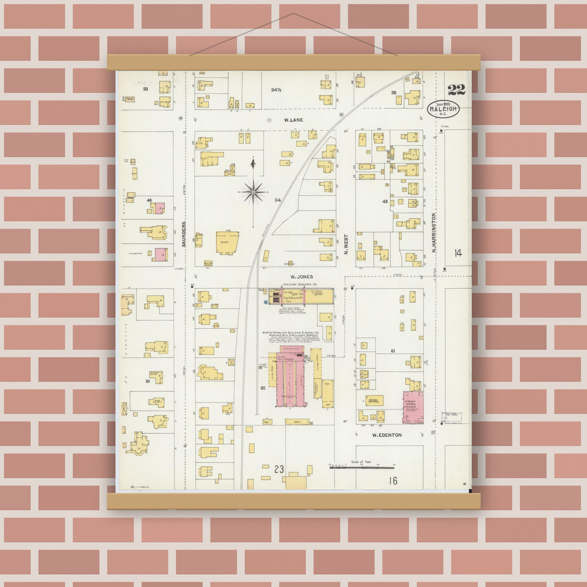 Old map wall art mockup — magnetic wood frame on brick wall — Sanborn Fire Insurance Map from Raleigh, Wake County, North Carolina (1903), Sheet #0022
