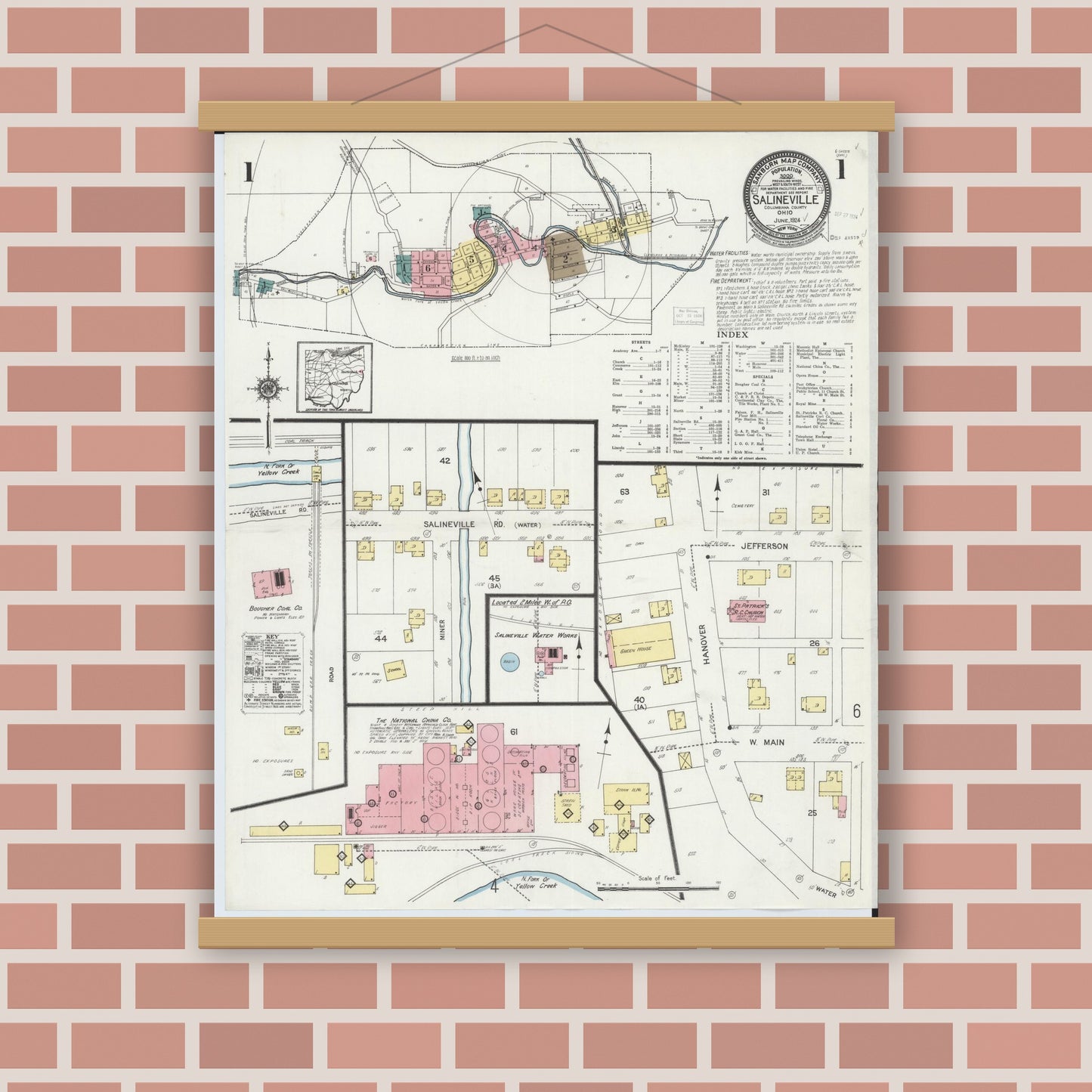 Old map wall art mockup — magnetic wood frame on brick wall — Sanborn Fire Insurance Map from Salineville, Columbiana County, Ohio (1924), Sheet #0001