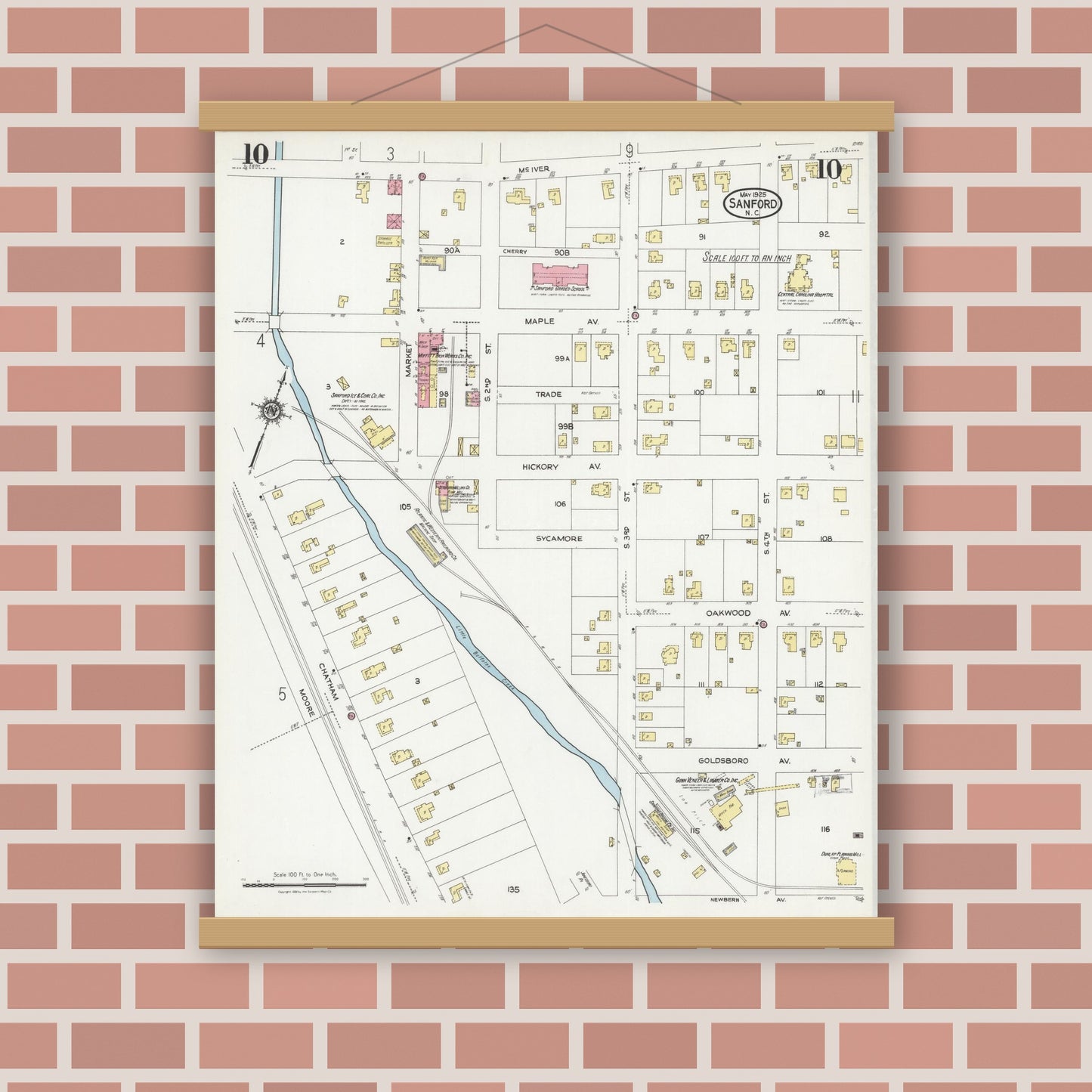 Old map wall art mockup — magnetic wood frame on brick wall — Sanborn Fire Insurance Map from Sanford, Lee County, North Carolina (1925), Sheet #0010